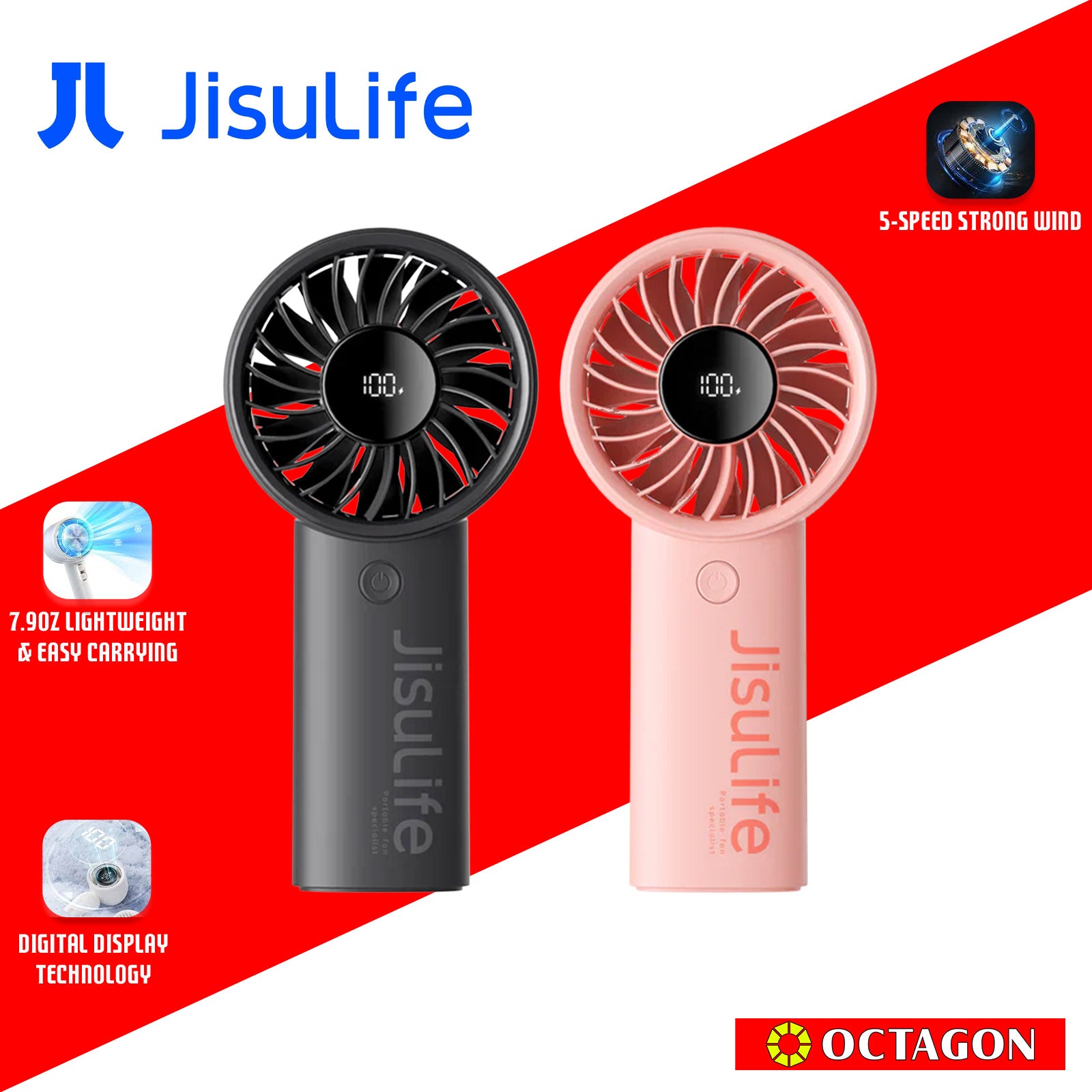 JISULIFE LIFE4 5000MAH PINK/BLACK HANDHELD FAN