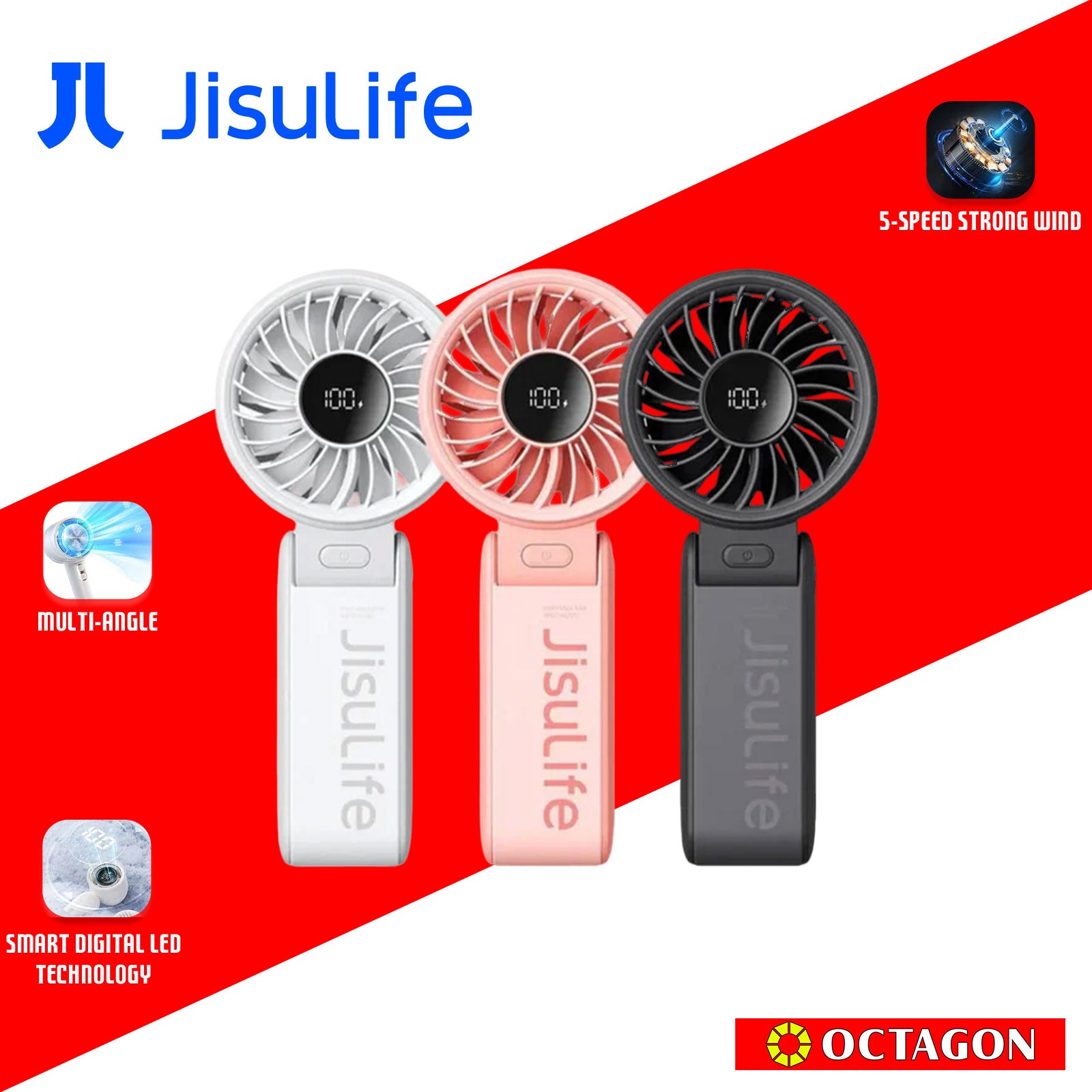 JISULIFE LIFE7 3600MAH PINK/GRAY/BLACK HANDHELD FAN