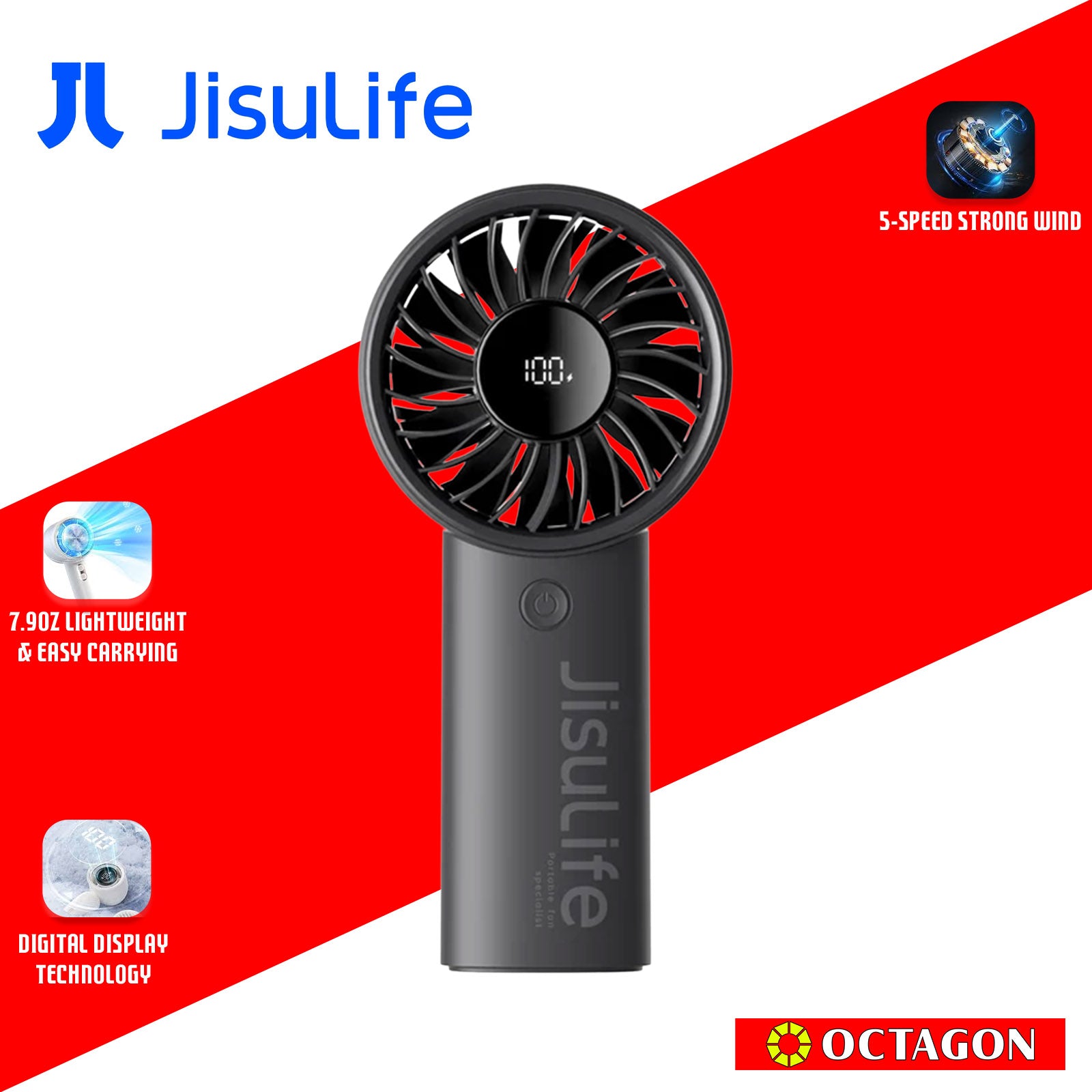 JISULIFE LIFE4 5000MAH PINK/BLACK HANDHELD FAN