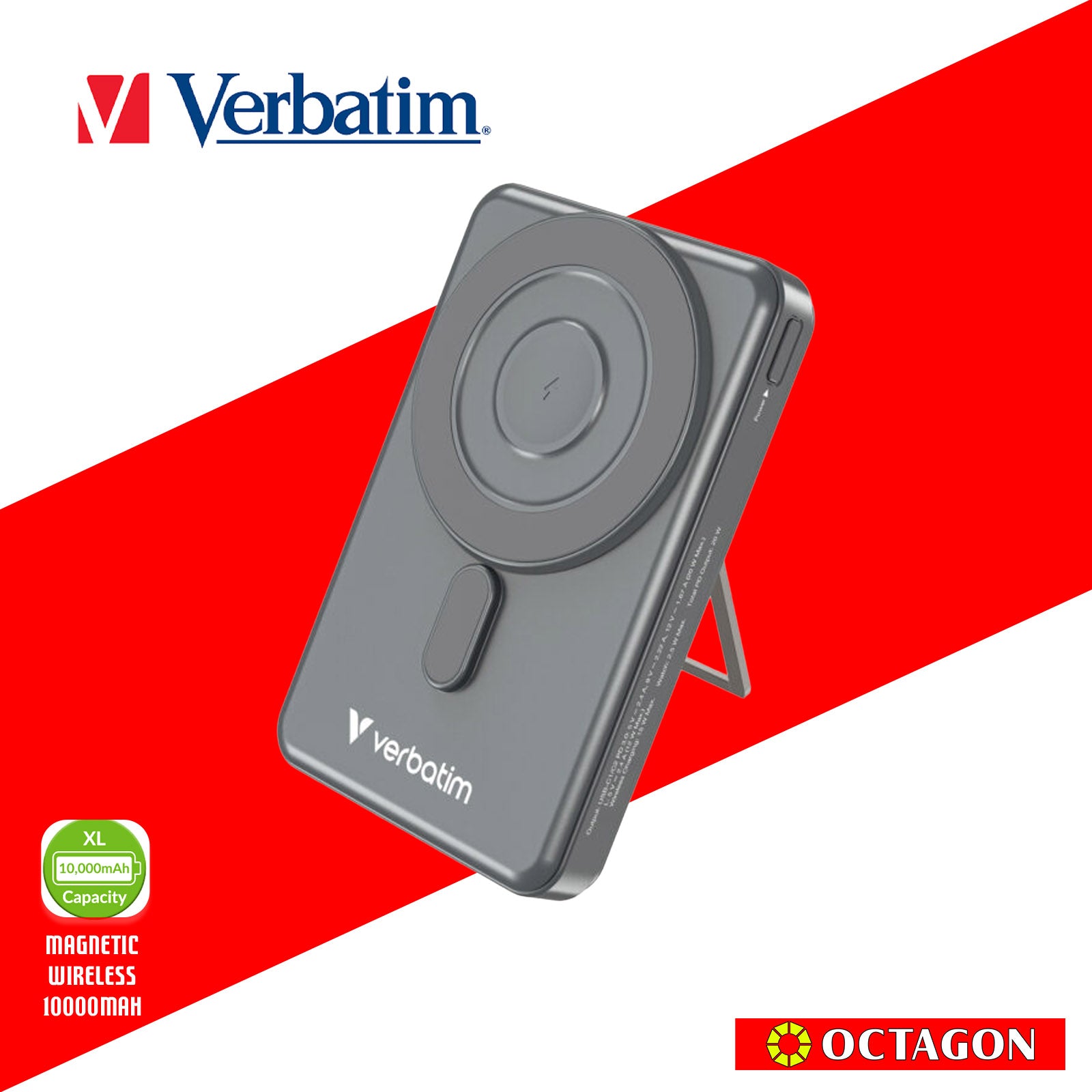 VERBATIM CHARGE N GO 10000MAH 5IN1 MAGNETIC WIRELESS W/ STAND PD 20W MWC 15W TYPE C AND NON-MFI VERSION CABLE (32221  GREY)(32233 TITANIUM)(32222 PURPLE)