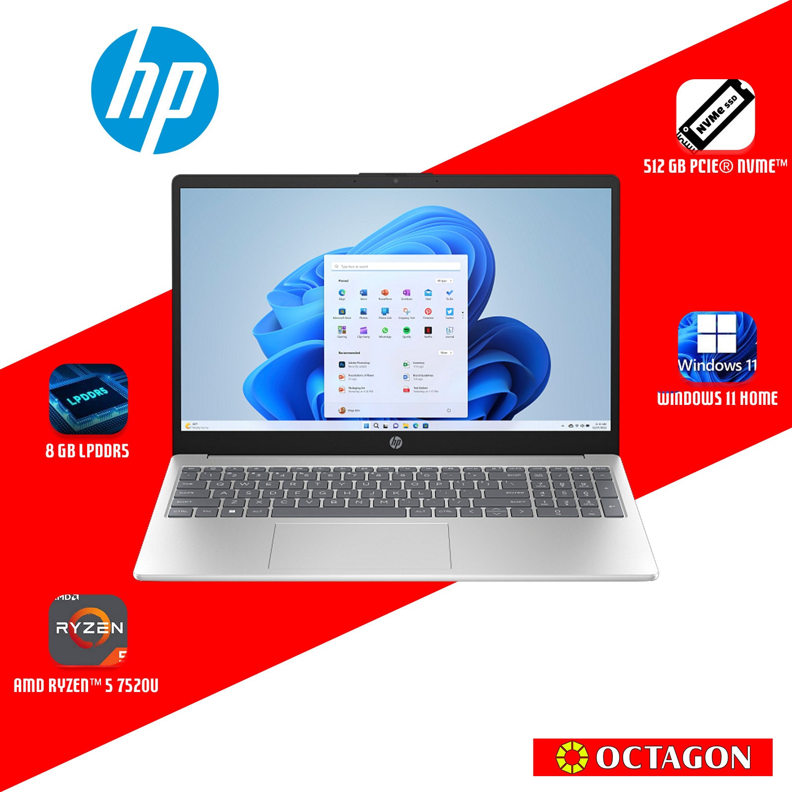 HP 15-FC0254AU/  RYZEN 5-7520U/ 8GB DDR5/ 512GB SSD/ 15.6" FHD/ WIN 11/ OFFICE H&S 2024 + M365/ SLV