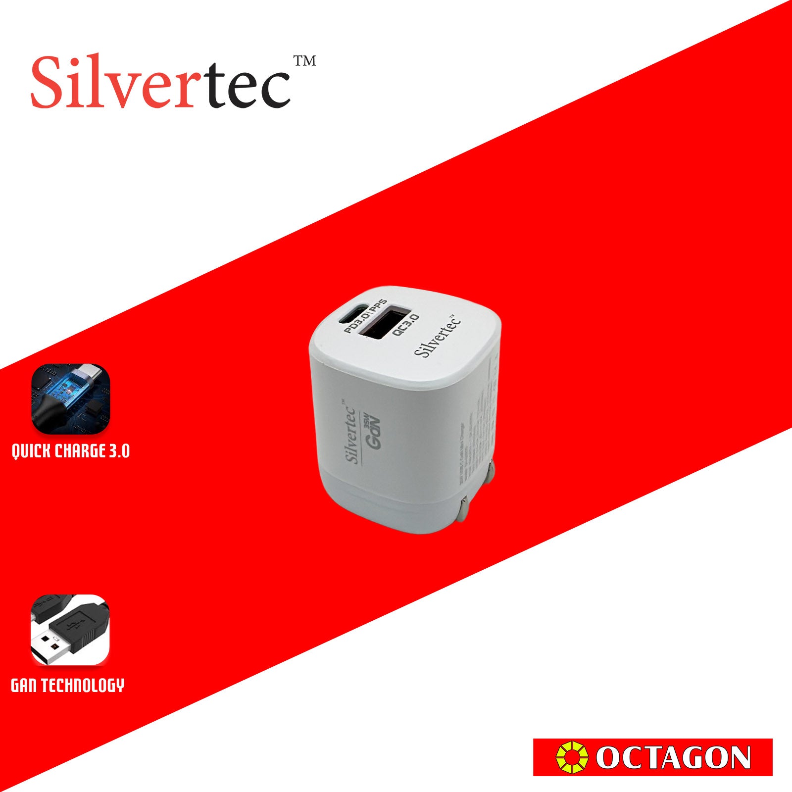 SILVERTEC SH-GW35-WH 35W 2-USB-C/A QC 3.0 PD GAN WALL CHARGER WHITE US PLUG
