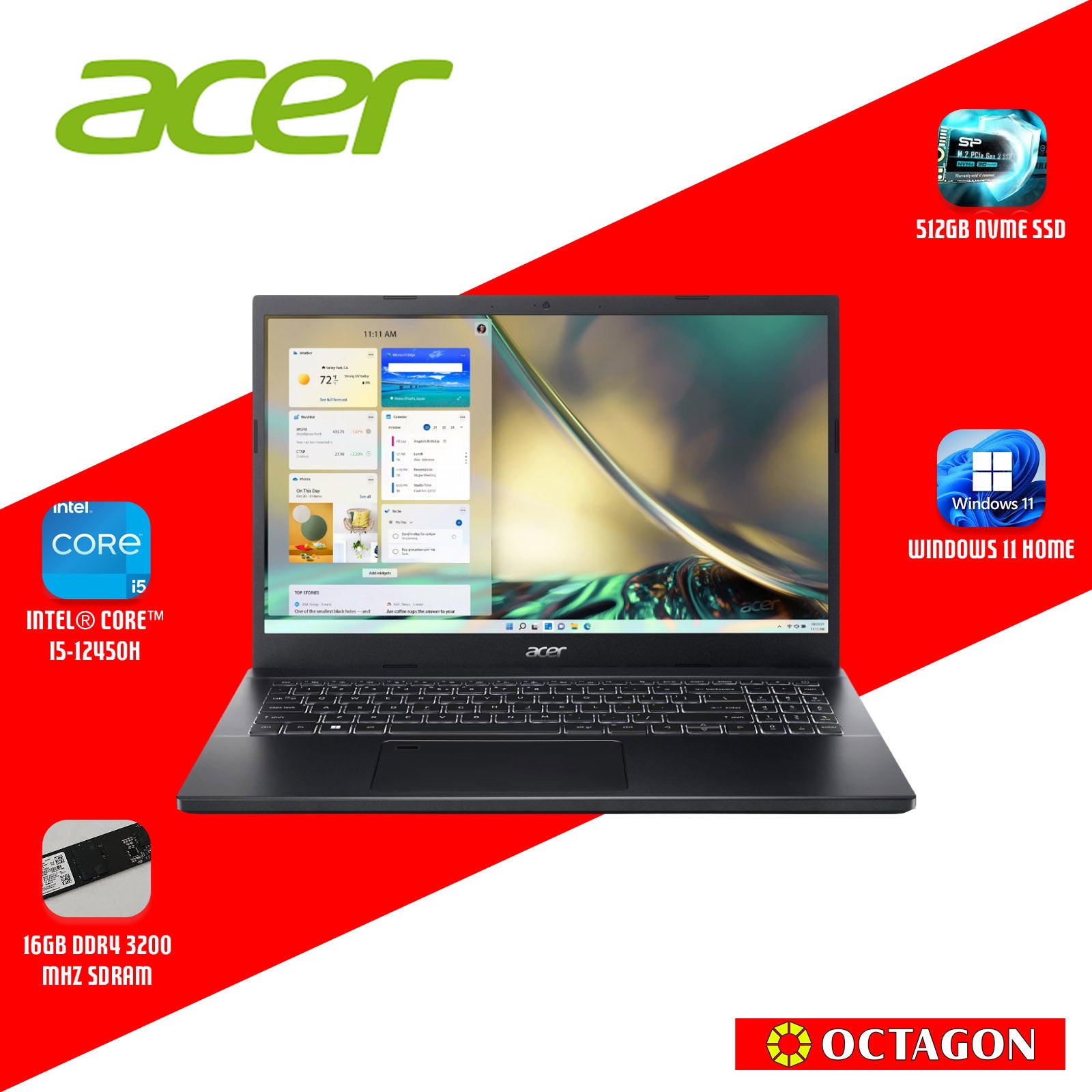 ACER ASPIRE 7 A715-59G-56W7/ CORE I5-12450H/ 16GB/ 512GB SSD/ 15.6 FHD/ WIN 11/ RTX3050 6GB/ OFFICE H&S 2024 + M365/ BLK