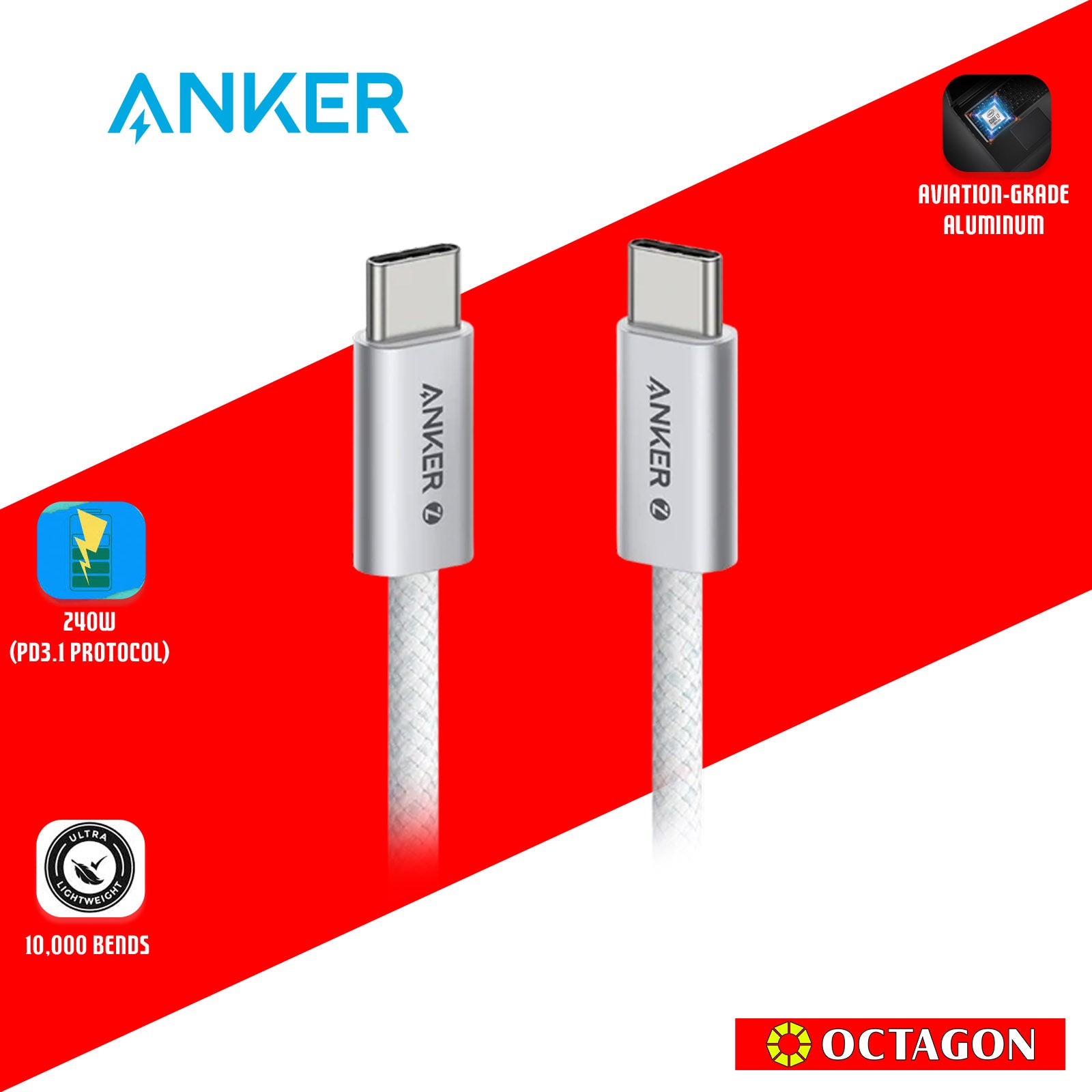 ANKER A8060H21 WHITE ZOLO 3FT USB-C -C SMALL HEAD SOFT CABLE