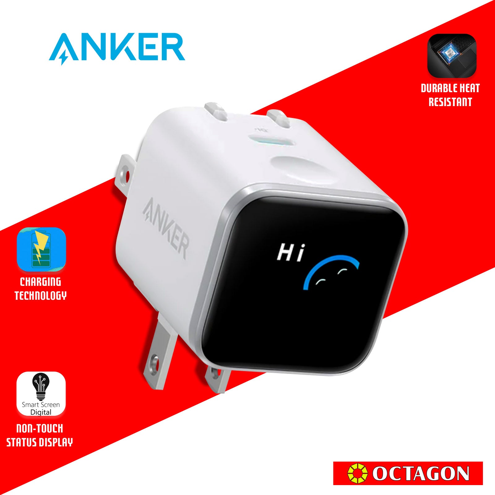 ANKER NANO A121DJ21 WHITE CHARGER 45W 1C DOUBLE FOLDED PIN W/FUN SCREEN DISPLAY