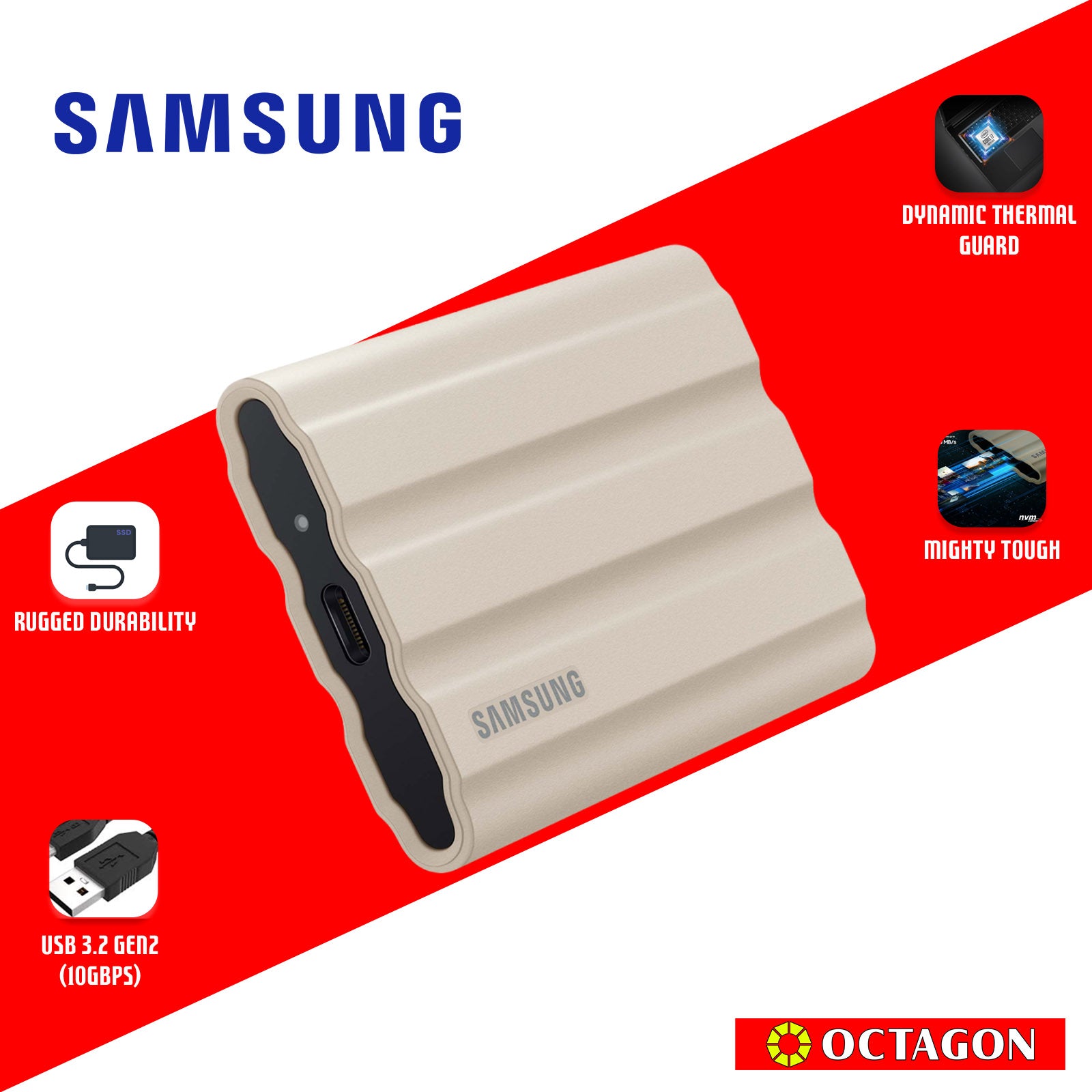 SAMSUNG T7 SHIELD 1TB BEIGE PORTABLE EXTERNAL SOLID STATE DRIVE