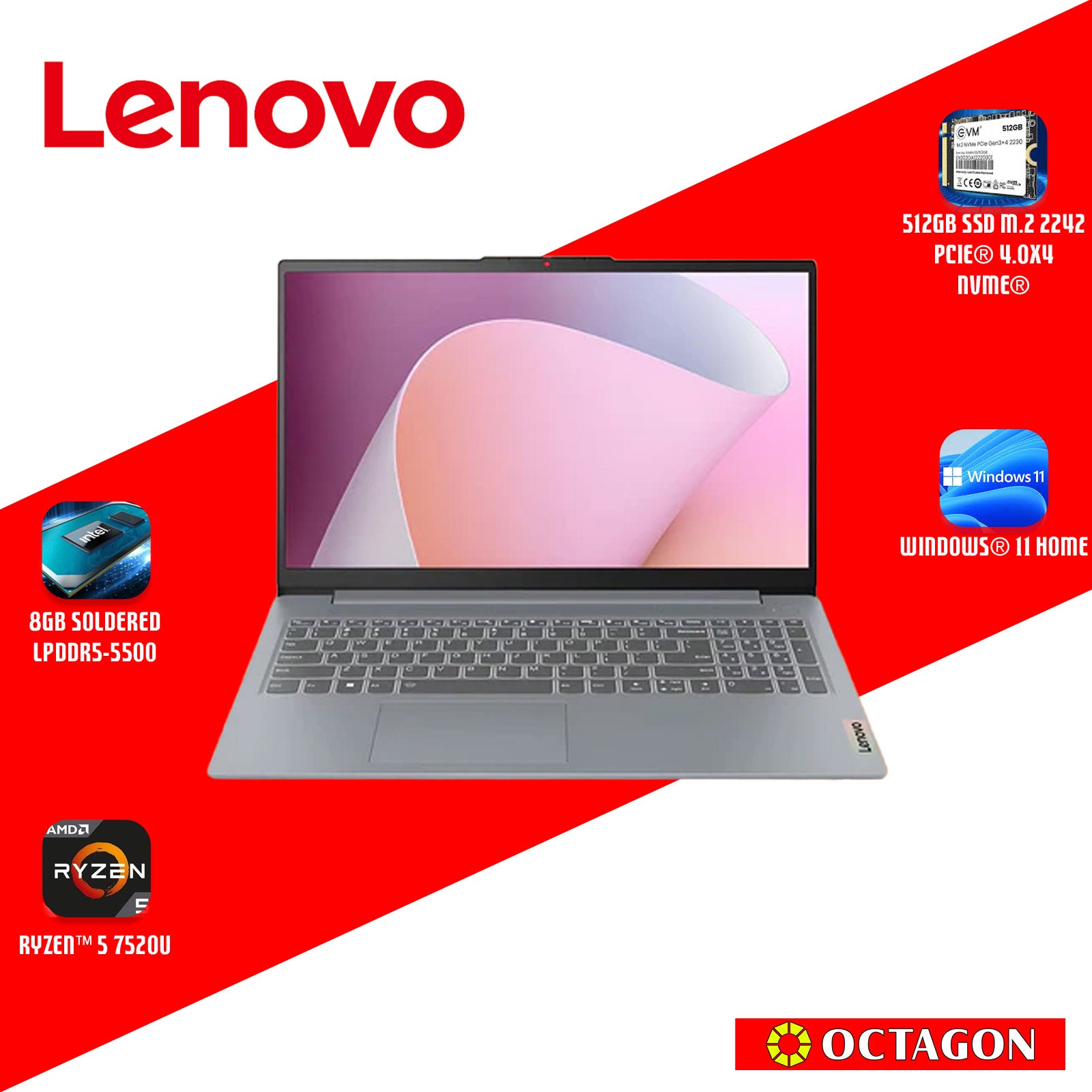LENOVO IP S3-15 (82XQ00WDPH)/ RYZEN 5 7520U/ 8GB/ 512GB SSD/ 15.6 FHD/ WIN 11/ OFFICE HOME 2024