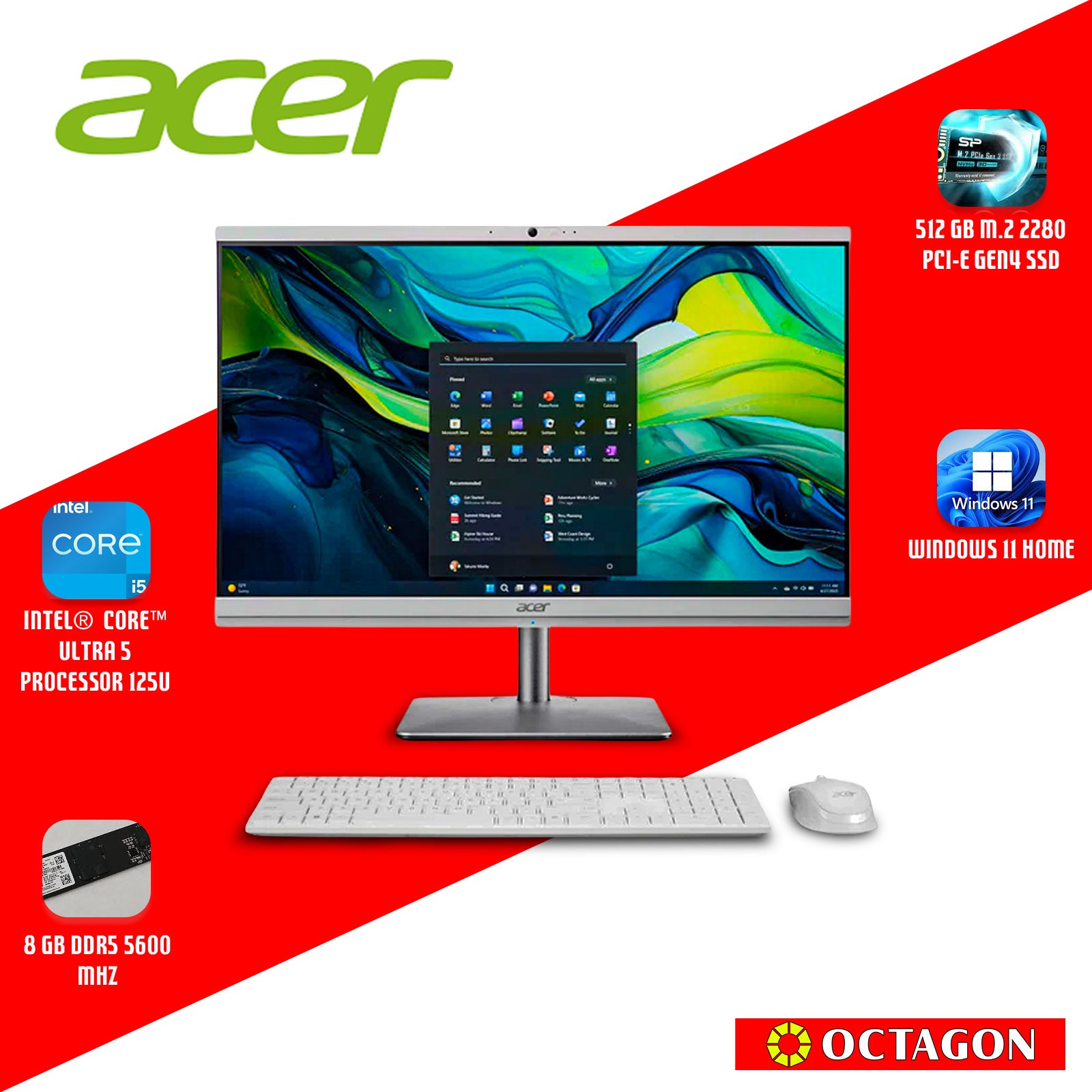 ACER ASPIRE AIO C24-195ES-I5/ ULTRA 5-125U/ 8GB DDR5/ 512GB SSD/ 23.8 FHD/ WIN 11/ OFFICE H&S 2021/ WIRELESS KB & MOUSE