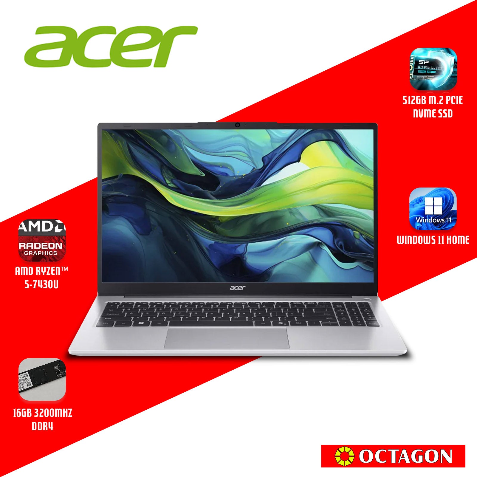 ACER ASPIRE LITE AL15-42P-R6WC/ RYZEN 5 7430U/ 16GB/ 512GB SSD/ 15.6 IPS FHD/ WIN 11/ OFFICE HOME 2024 + OFFICE 365 1YR/ LIGHT SILVER