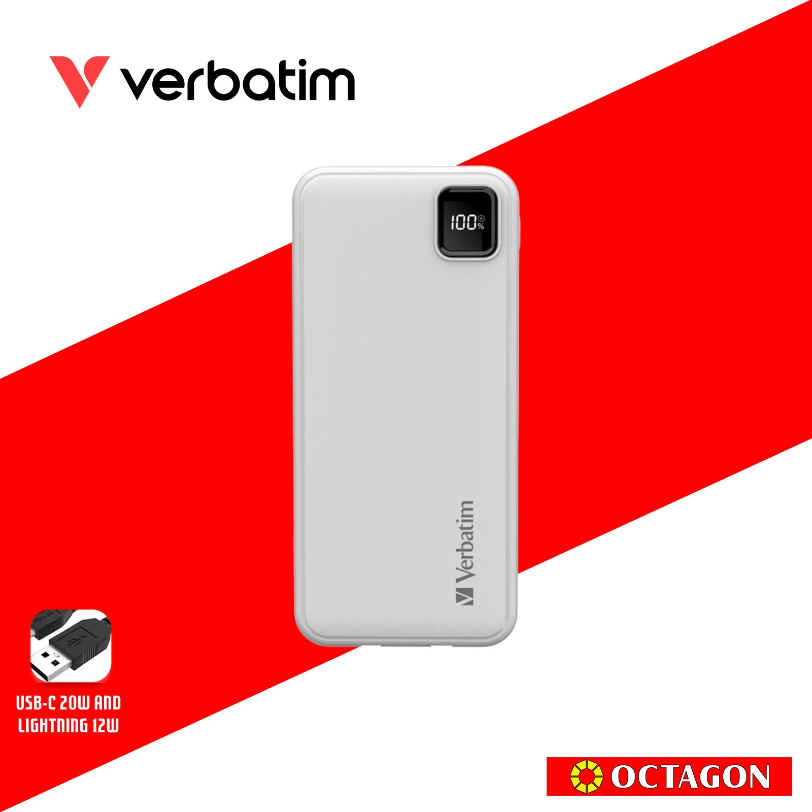 VERBATIM 67001 WHITE CHARGENGO 10K MAH 22.5W POWERBANK W/ BUILT-IN LIGHTNING & TYPE-C CABLE + DIGITAL DISPLAY PD20W / QC3.0 18W / SUPERCHARGE 22.5W