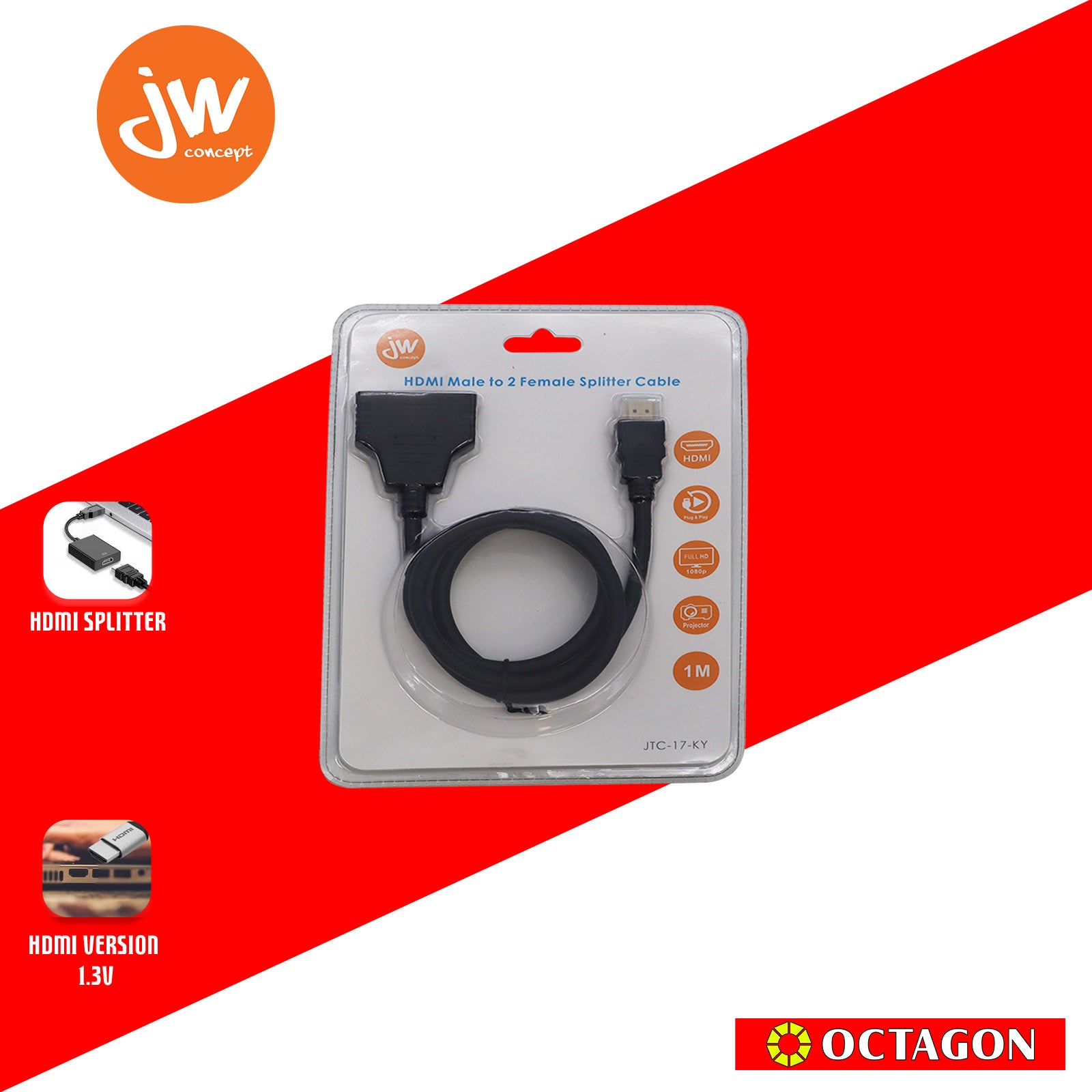JW JTC-17-KY 2-PORTS 1080P HDMI SPLITTER 1.0M CABLE