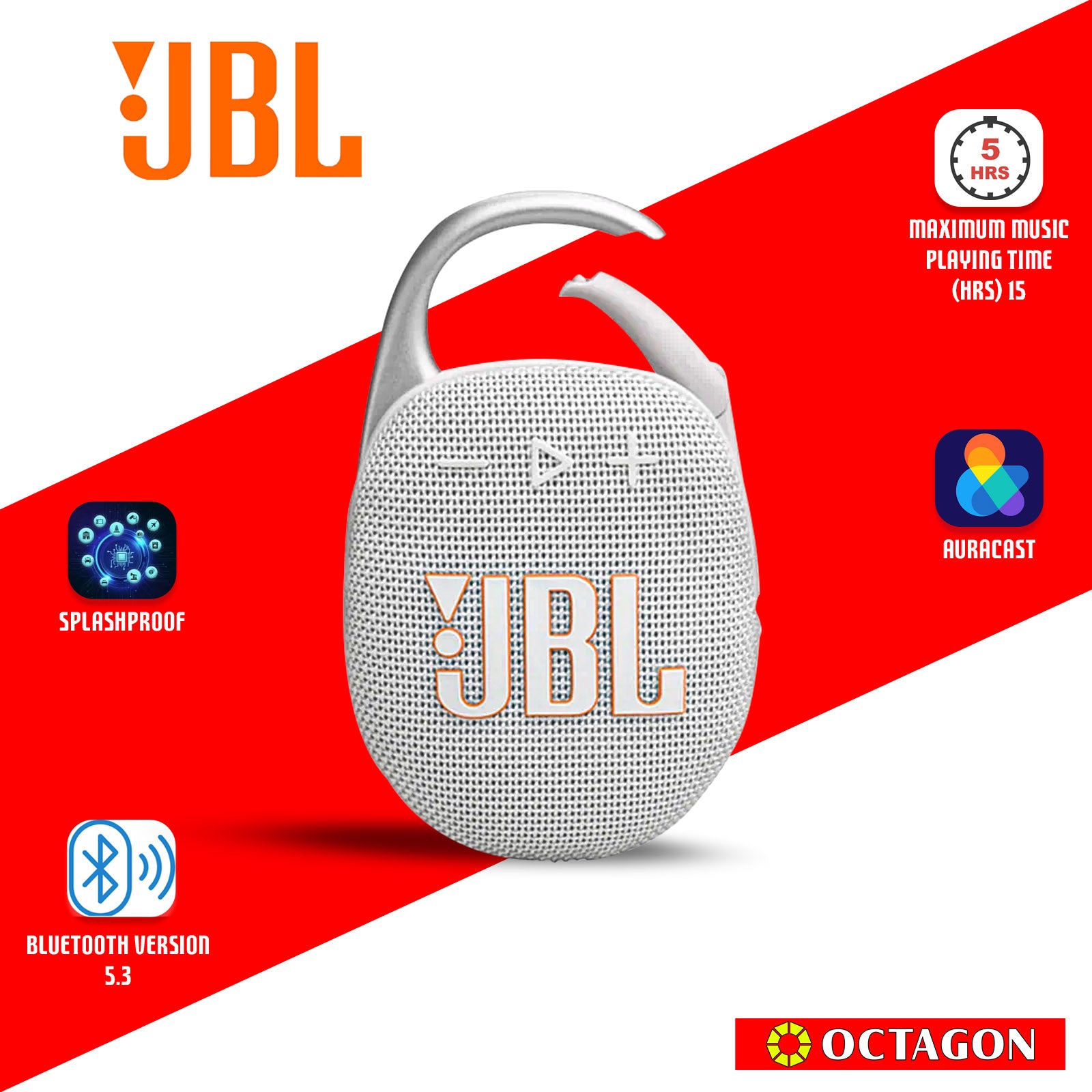 JBL CLIP 5 WHITE BT SPEAKER ULTRA-PORTABLE WATERPROOF