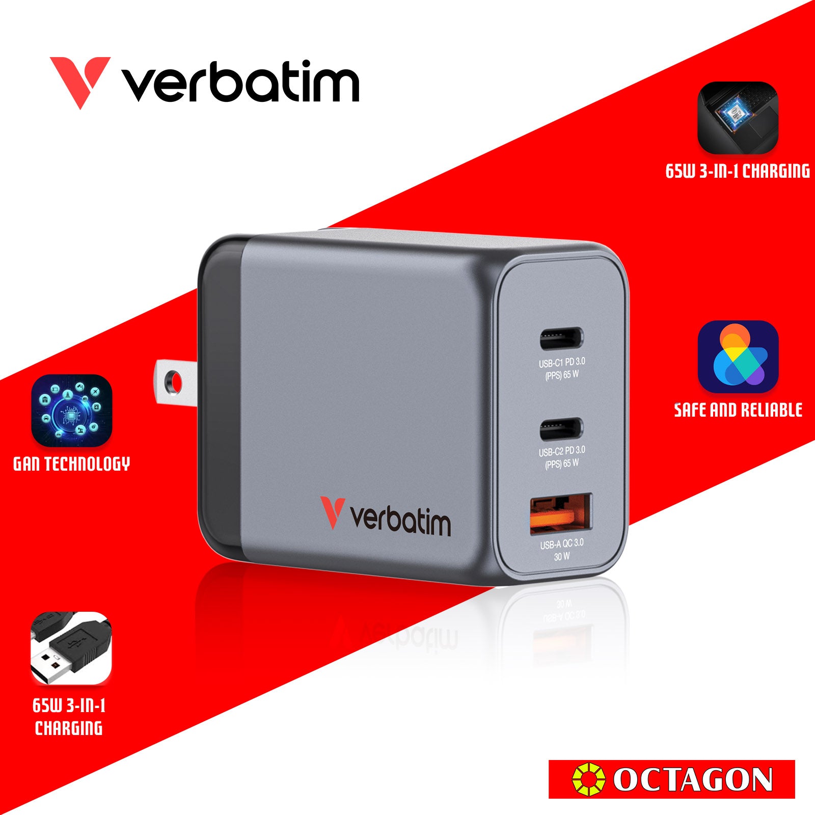 VERBATIM 32201 GNC-65 GAN CHARGER 3 PORT 65W USB A/C (EU/UK/US)