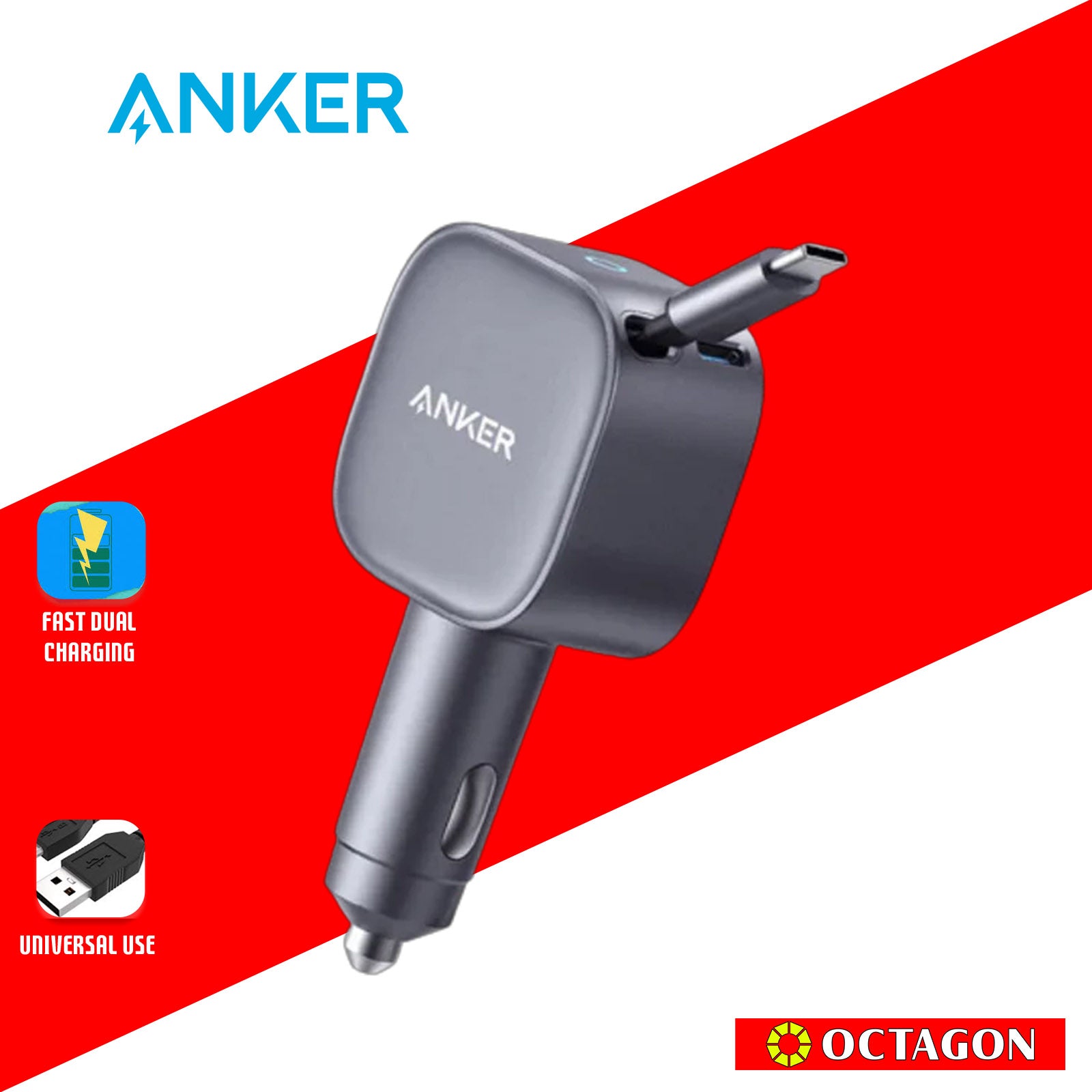 ANKER A2738HA2 NANO CAR CHARGER GRAY 75W USB-C PORT, BUILT-IN RETRACTABLE USB-C CABLE