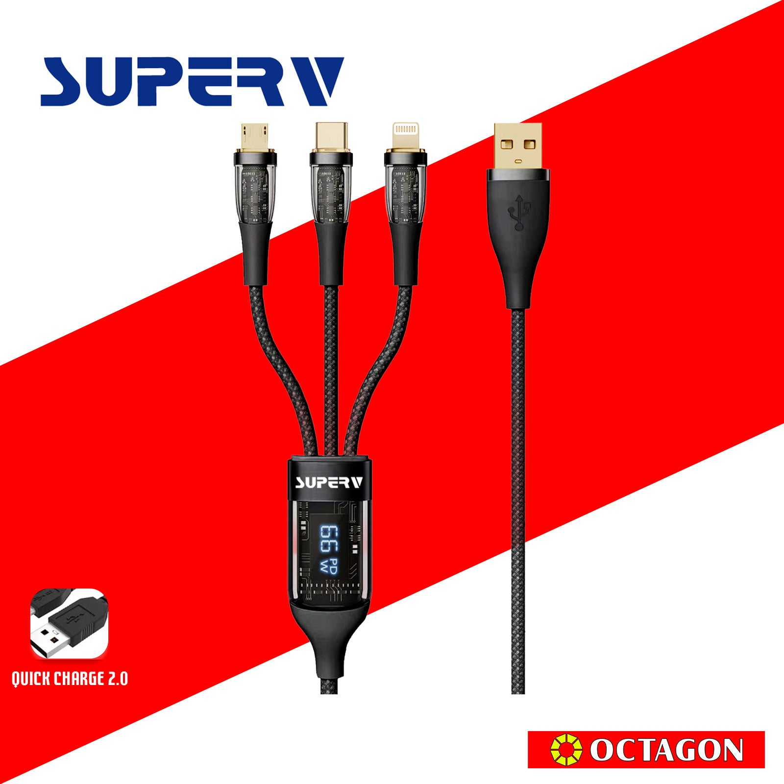 SUPERV RT66 BLACK (3 IN 1) CABLE 1.2M (OUTPUT TYPE C/ MICRO USB/ LIGHTNING/ INPUT USBA)
