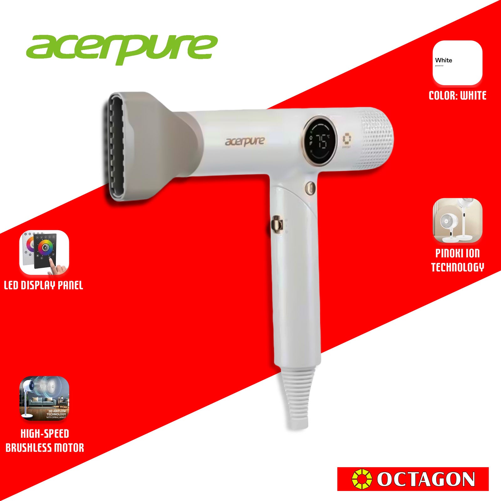 ACERPURE HD3 ICONIC PINOKI IONIC FOLDABLE HAIR DRYER WHITE (ZL.ATSTG.0CF)