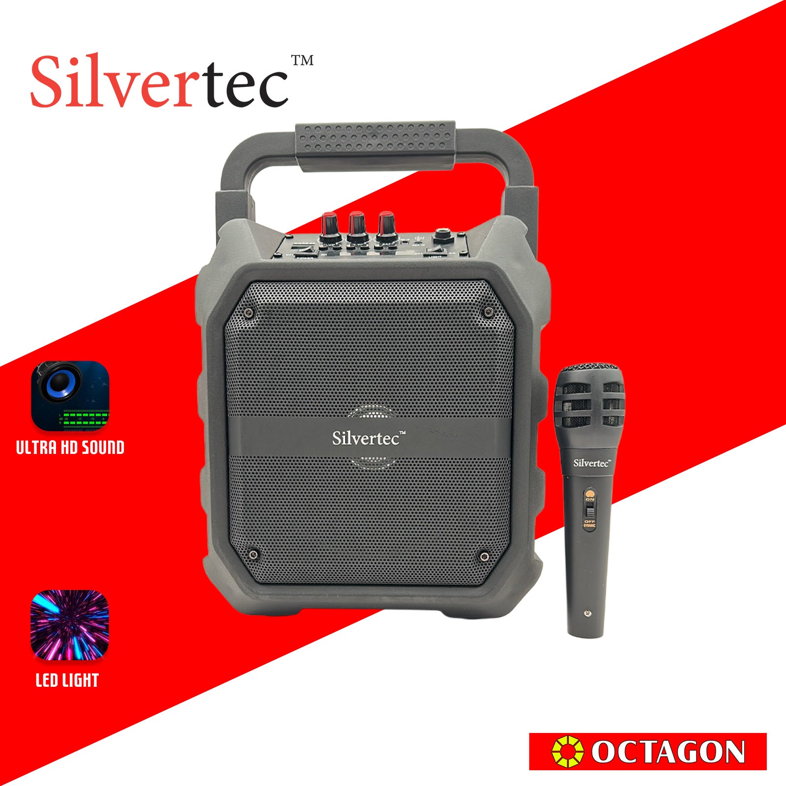 SILVERTEC SPBT-10148 USB/TF/AUX/FM/20W PORTABLE RGB KARAOKE BT SPEAKER W/ HANDLE & WIRED MICROPHONE & STRAP 7.4V/1800MAH