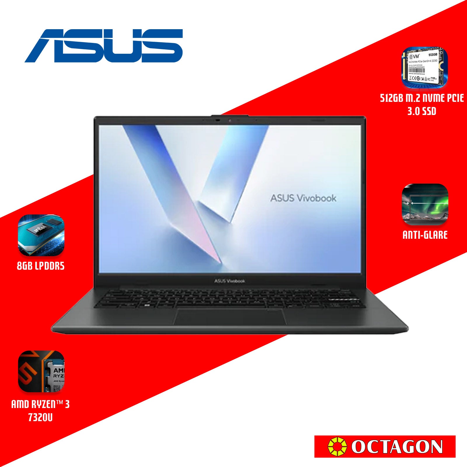 ASUS VIVOBOOK GO 14 E1404FA-EB821W/ RYZEN 3 7320U/ 8GB/ 512GB SSD/ 14" FHD/ WIN 11/ BLACK