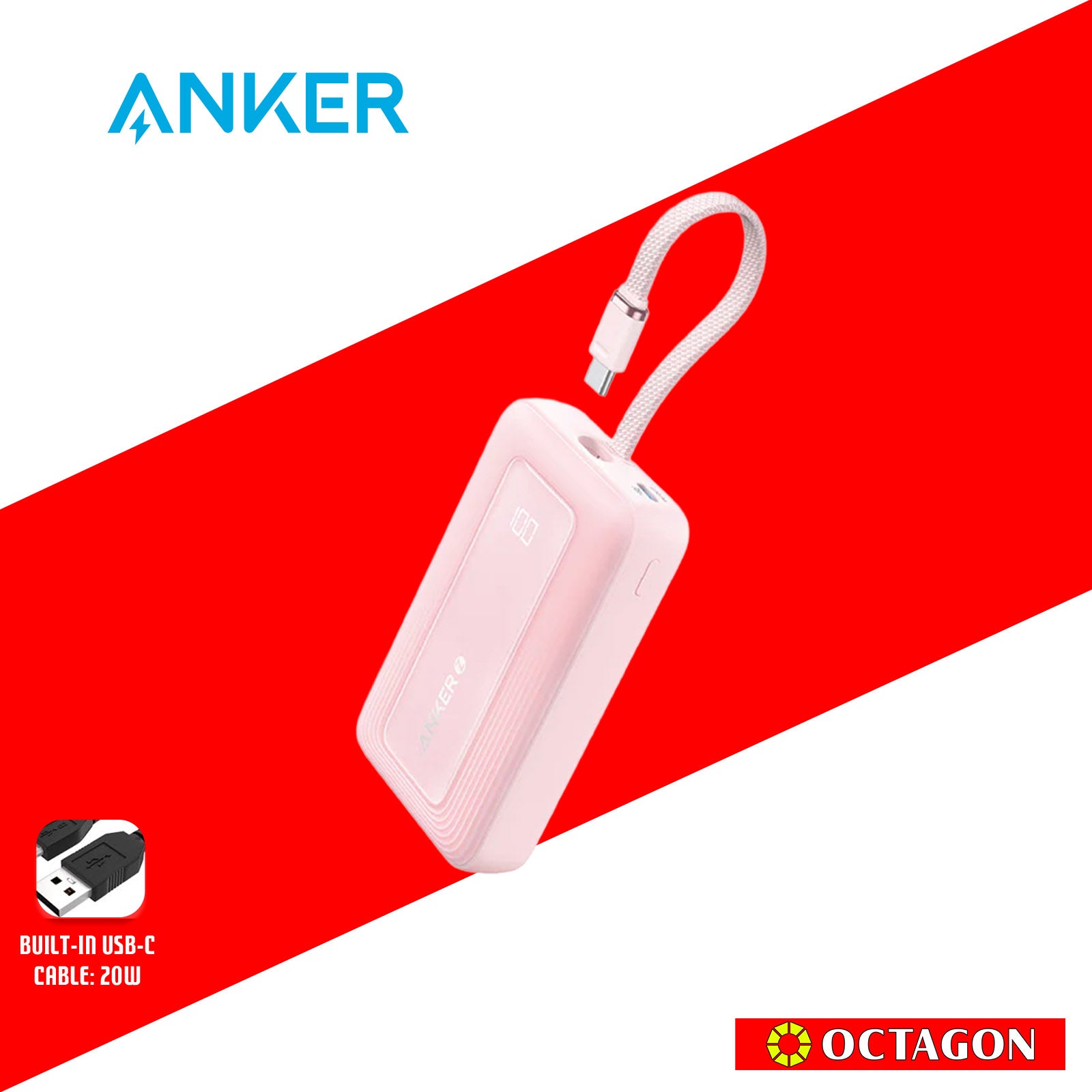 ANKER ZOLO A1685H51 PINK 10K POWERBANK 30W BUILT-IN USB-C CABLE
