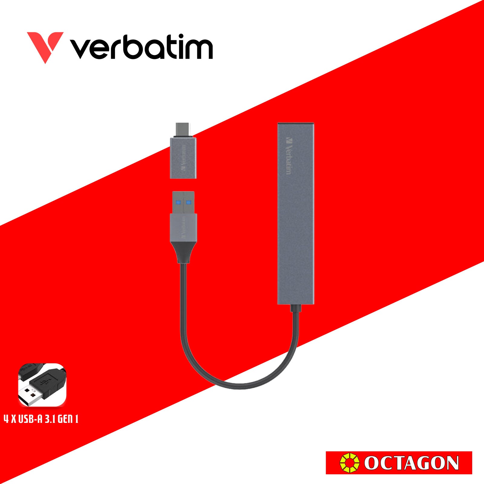 VERBATIM 66627 4-IN-1 USB3.1 HUB WITH TYPE C CONVERTER (4 PORTS*USB3.1) (GREY)