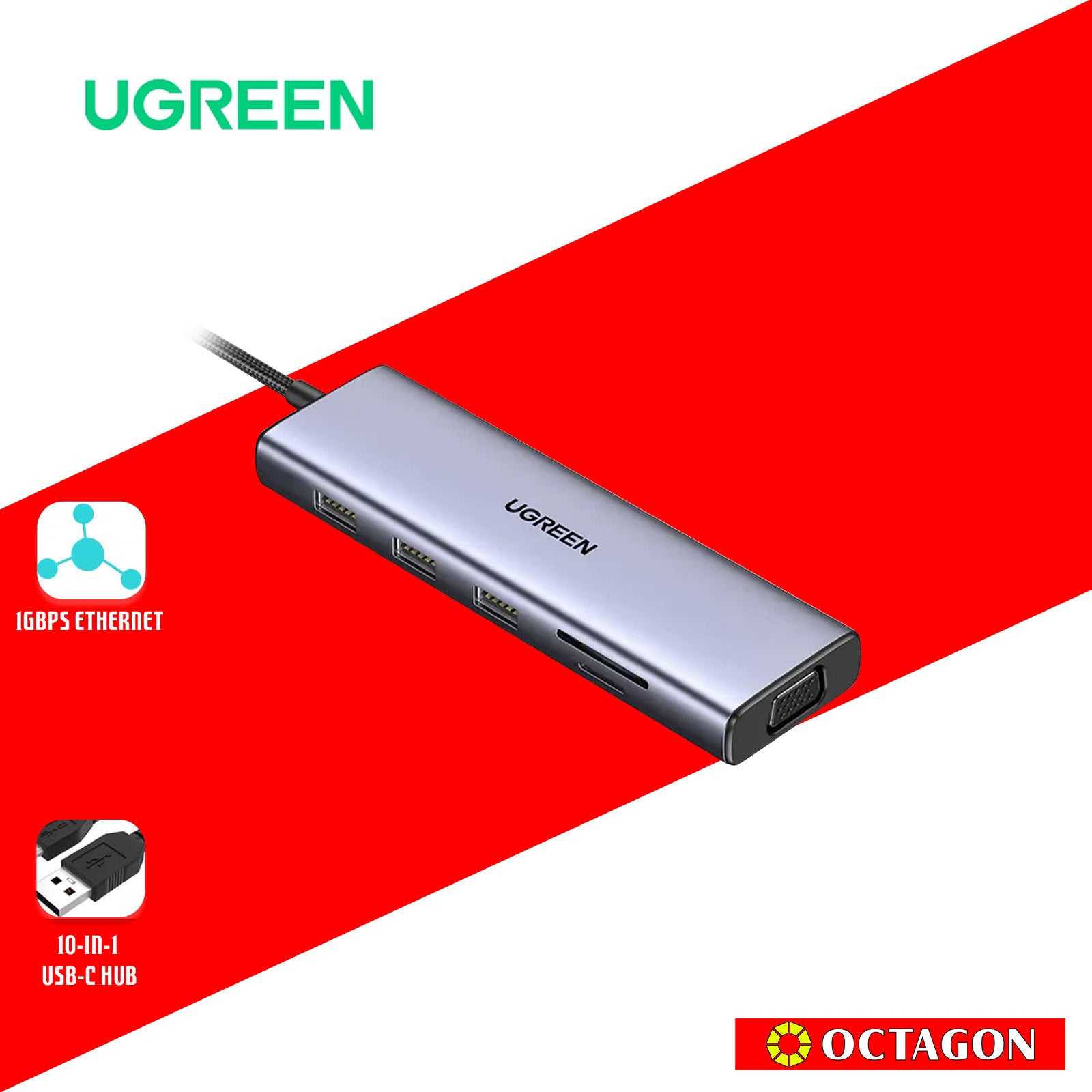 UGREEN CM498/15601 10IN1 USB-C HUB TO USB-C + 3X USB 3.0-A + HDMI + VG ...