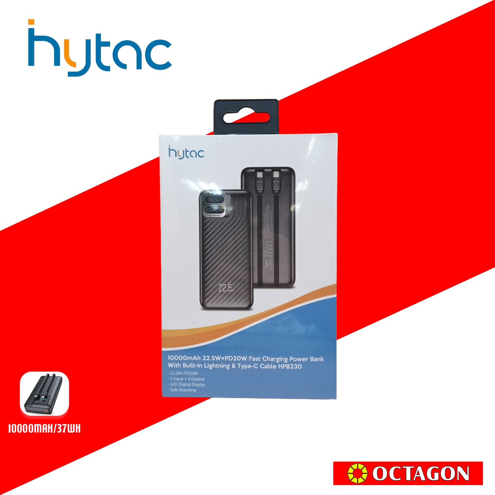 HYTAC HPB230 BLACK 10000 MAH FAST CHARGING POWER BANK WITH LIGHTNING & PD 22.5W TYPE C CABLE