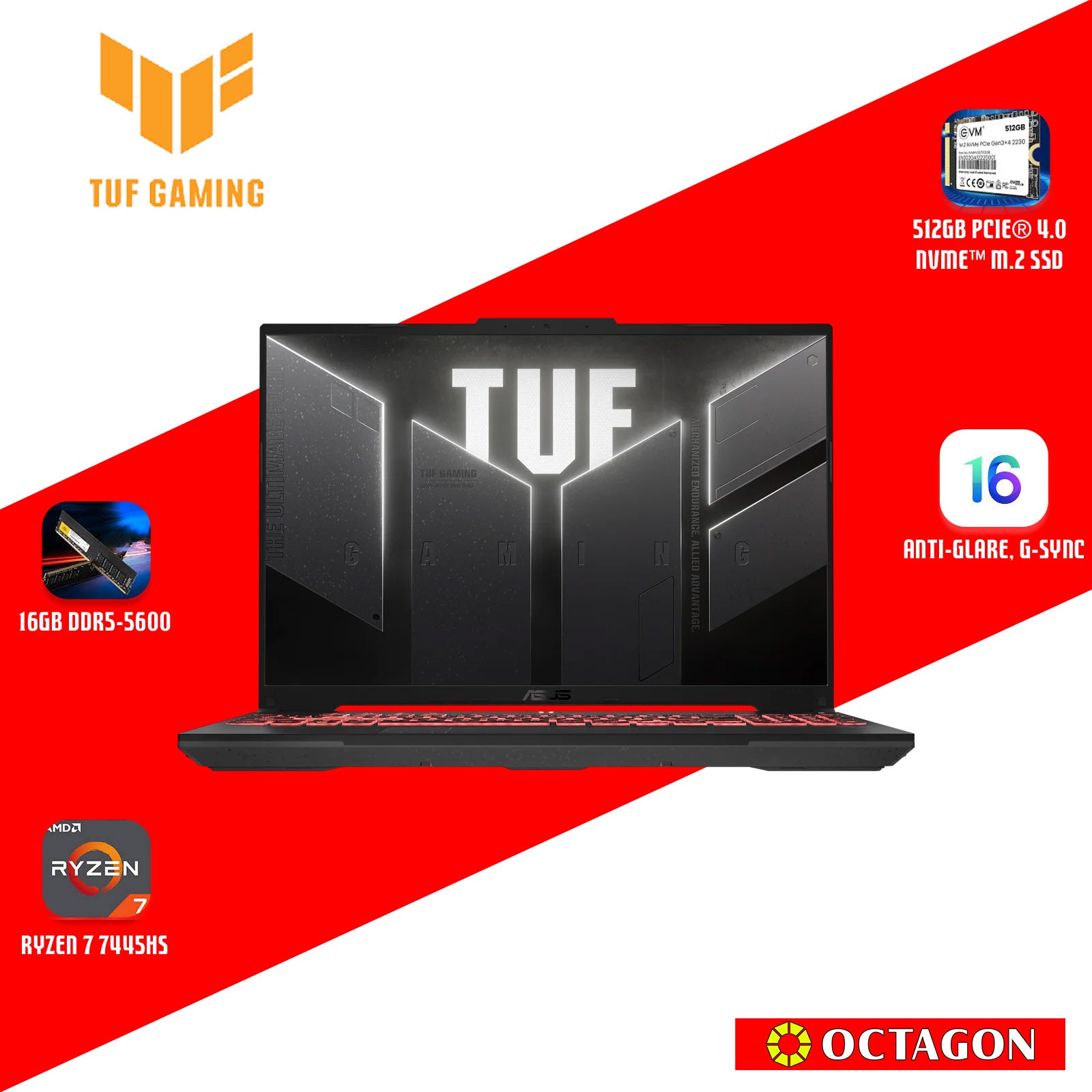 ASUS TUF FA607NUG-RL118WSM/ RYZEN 7 7445HS/ 16GB/ 512GB SSD/ 16 WUXGA 144HZ/ WIN 11/ RTX4050 6GB/ OFFICE H&S 2021 + M365/ GRAY