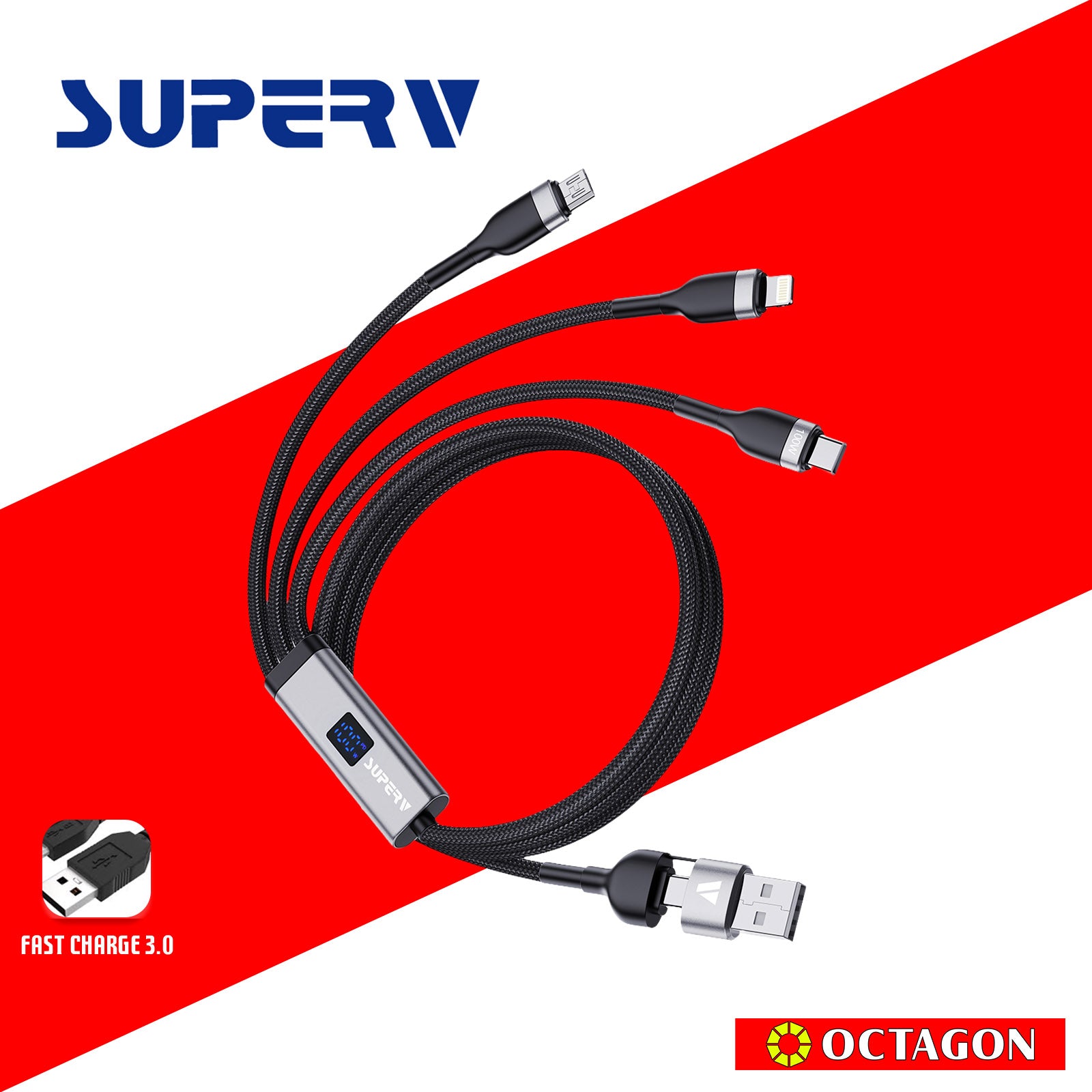 SUPERV RT52 BLACK (5 IN 1) CABLE 1.2M (OUTPUT USBC 100W/ LIGHTNING 27W/ MICRO USB 12W/ INPUT USBA AND USBC)