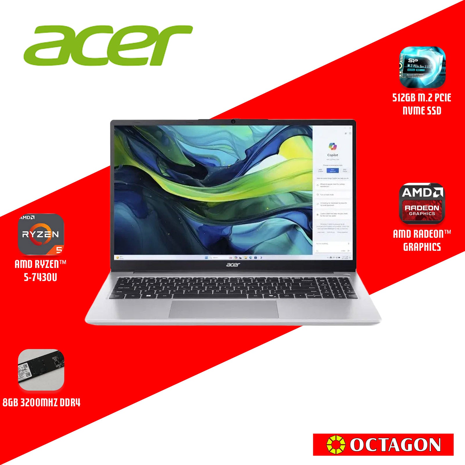 ACER ASPIRE LITE AL15-42P-R4X3/ RYZEN 5 7430U/ 8GB/ 512GB SSD/ 15.6" IPS FHD/ WIN 11/ OFFICE HOME 2024 + OFFICE 365 1YR/ SILVER