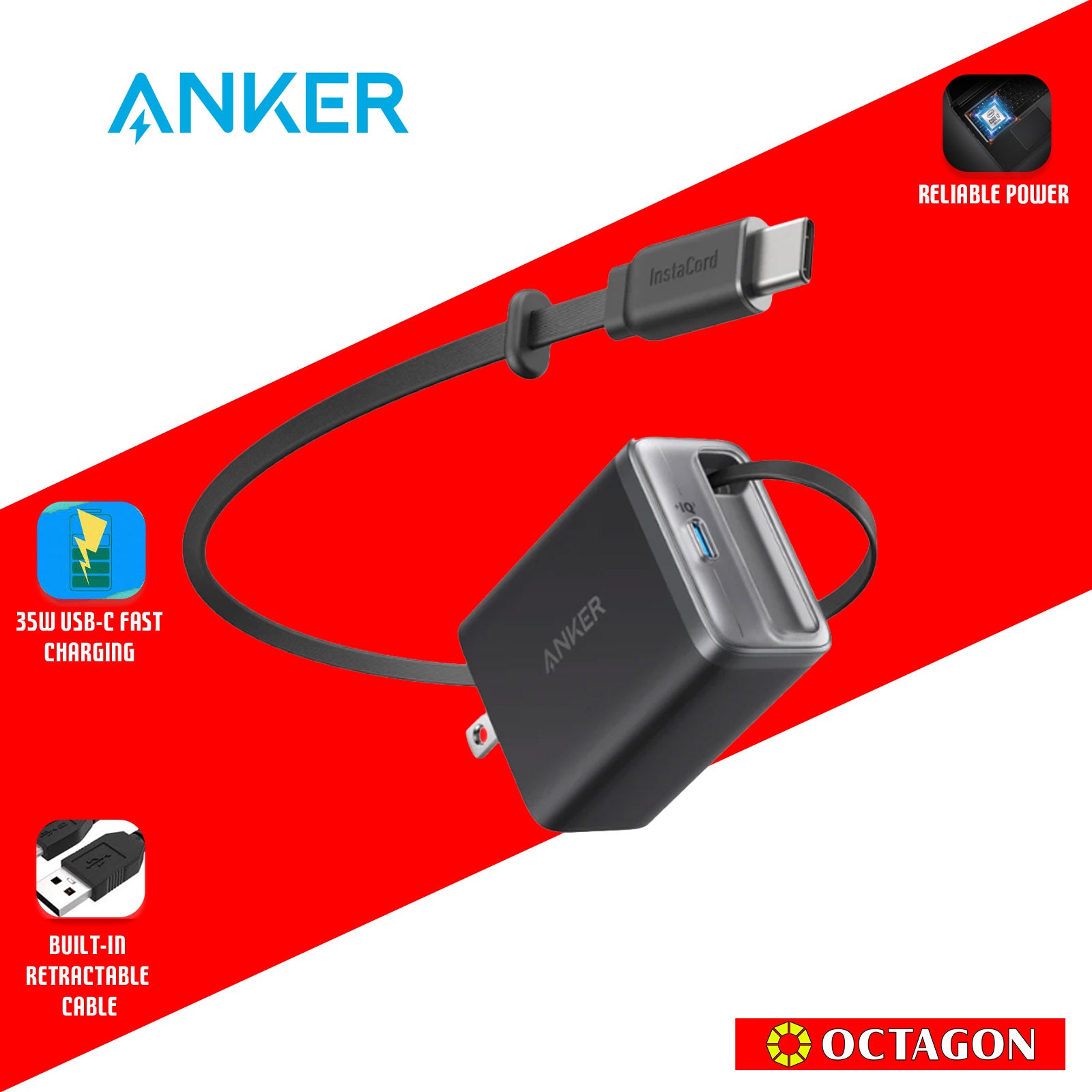 ANKER A2658J11 NANO CHARGER BLACK 35W W/ BUILT-IN RETRACTABLE USB-C CABLE