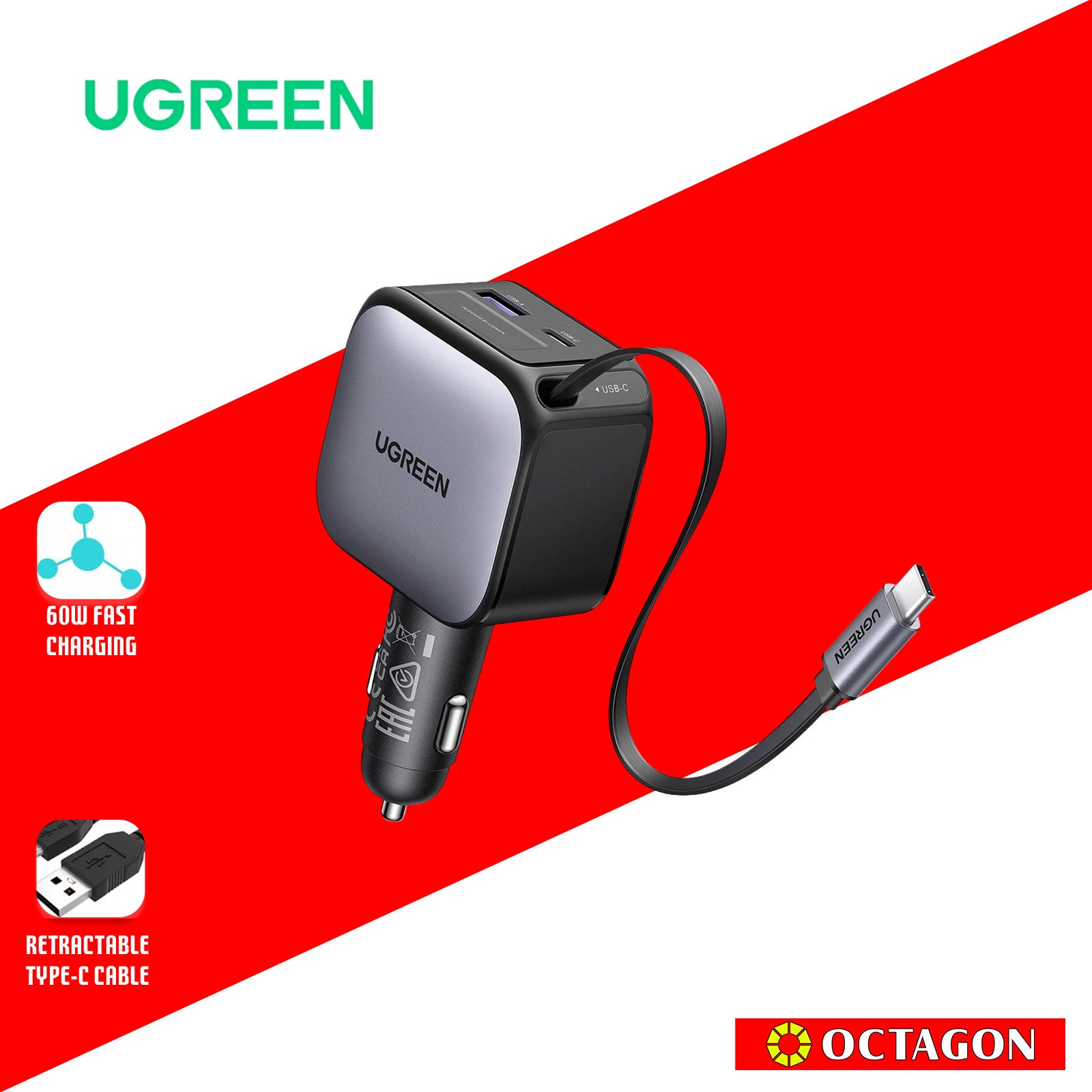 UGREEN EC602/55212B 60W FAST CHARGER WITH RETRACTABLE USB-C CABLE CAR CHARGER