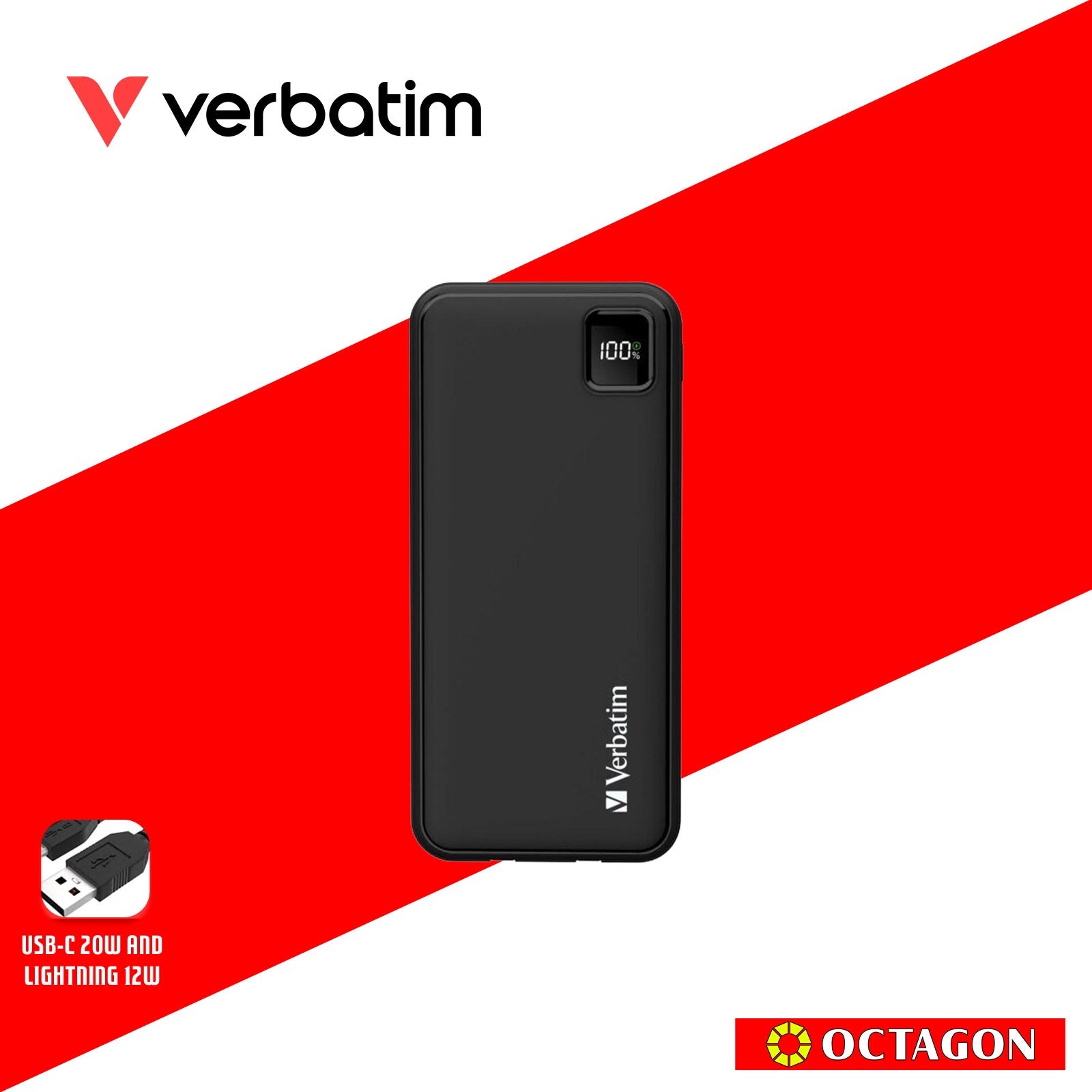 VERBATIM 66972 BLACK CHARGENGO 10K MAH 22.5W POWERBANK W/ BUILT-IN LIGHTNING & TYPE-C CABLE + DIGITAL DISPLAY PD20W / QC3.0 18W / SUPERCHARGE 22.5W