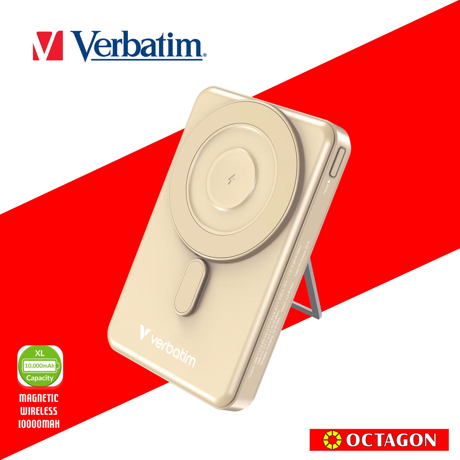 VERBATIM CHARGE N GO 10000MAH 5IN1 MAGNETIC WIRELESS CHARGER W/ STAND PD20W MWC15W TYPE 2 X2 VERSION CABLE (32254 GREY)(32271TITANIUM)(32270PURPLE)