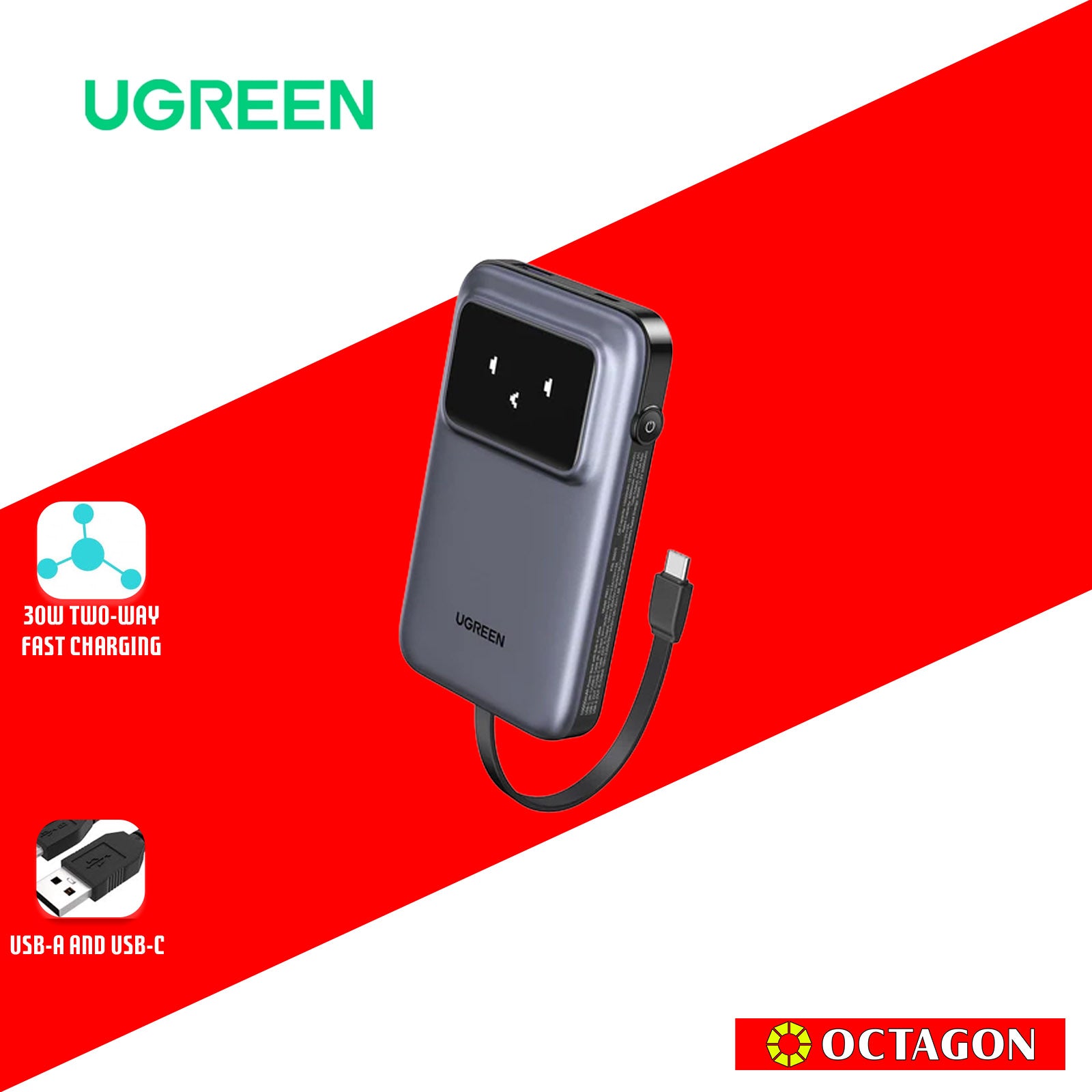 UGREEN PB511/35603B 10000MAH POWERBANK WITH BUILT-IN TYPE C CABLE