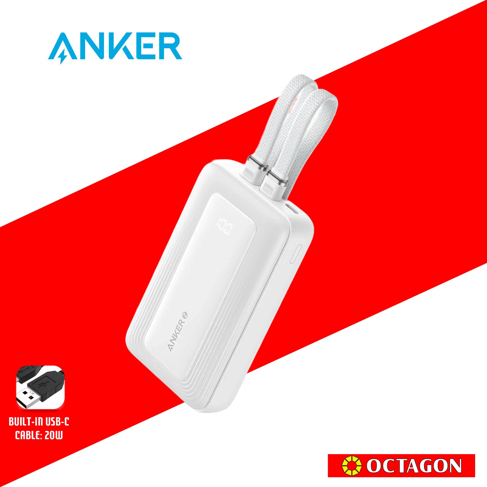 ANKER ZOLO A1680H21 WHITE 10K POWERBANK 30W BUILT-IN USB-C CABLE + LIGHTNING CABLE