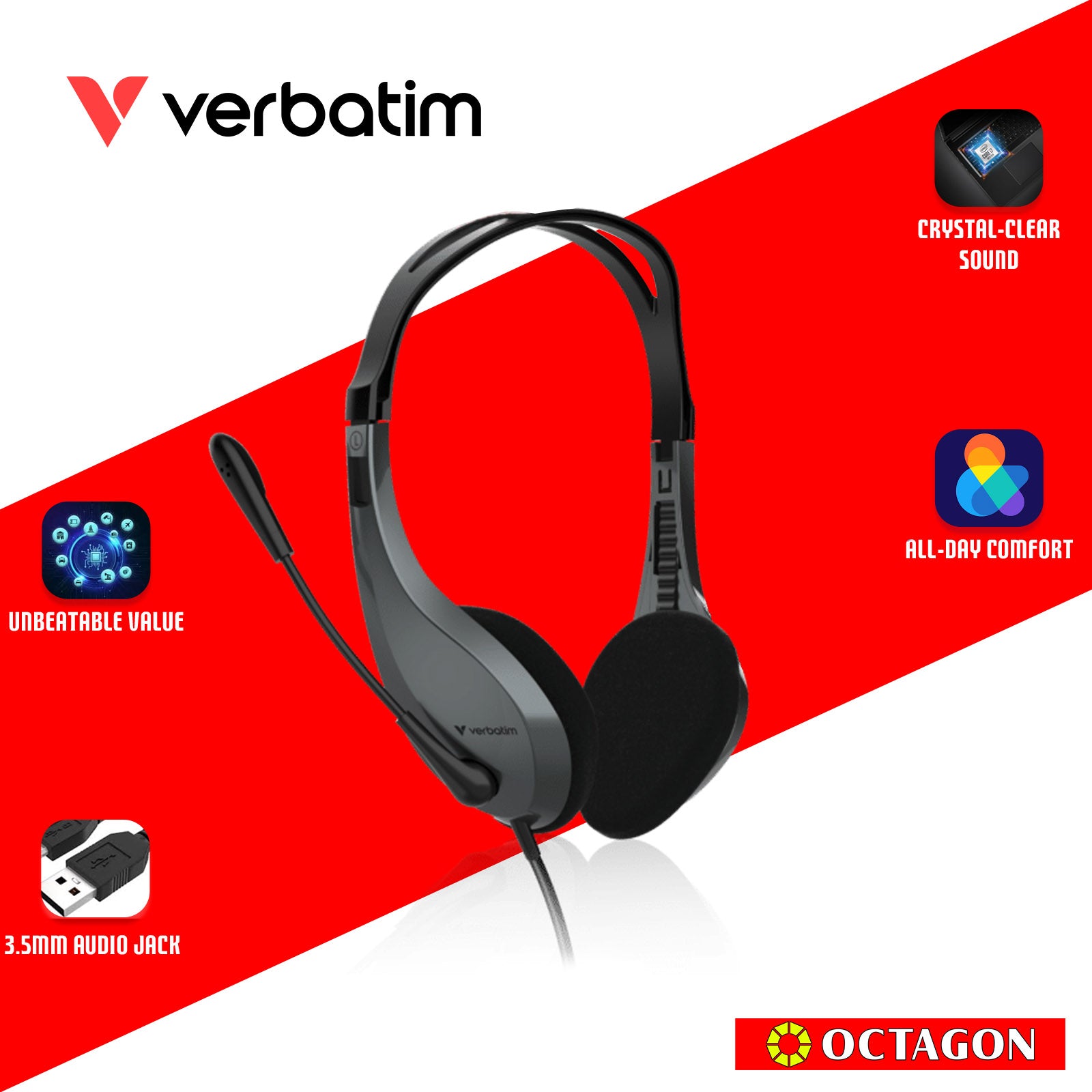 VERBATIM 41646 URBAN HEADGEAR MULTIMEDIA 4 PIN JACK HEADSET WITH MIC & VOLUME CONTROL BLACK