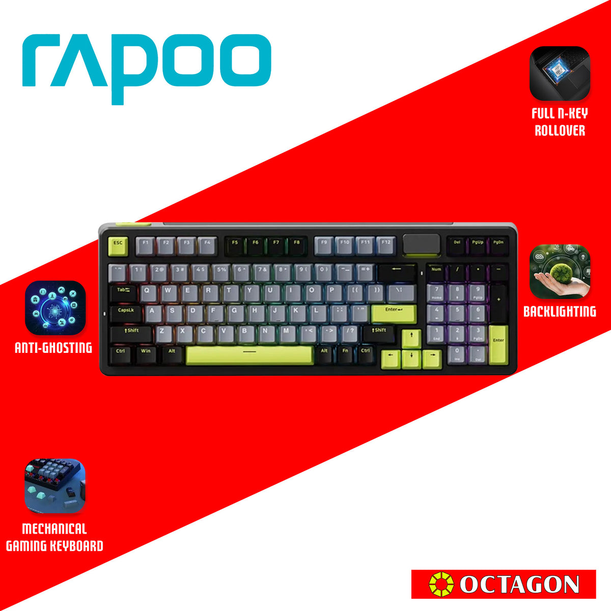 RAPOO V700DIY-98 BLACK GREY GREEN FULL BACKLIT MECHANICAL GAMING KEYBOARD