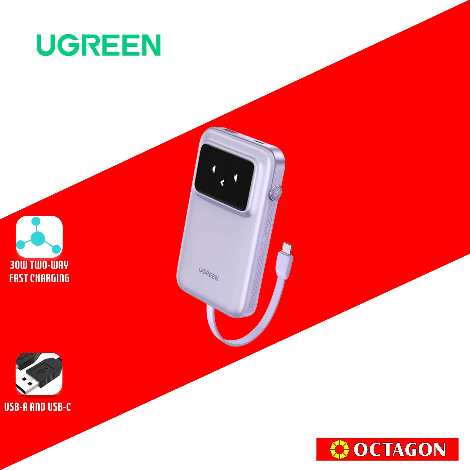 UGREEN PB511/35603B 10000MAH POWERBANK WITH BUILT-IN TYPE C CABLE