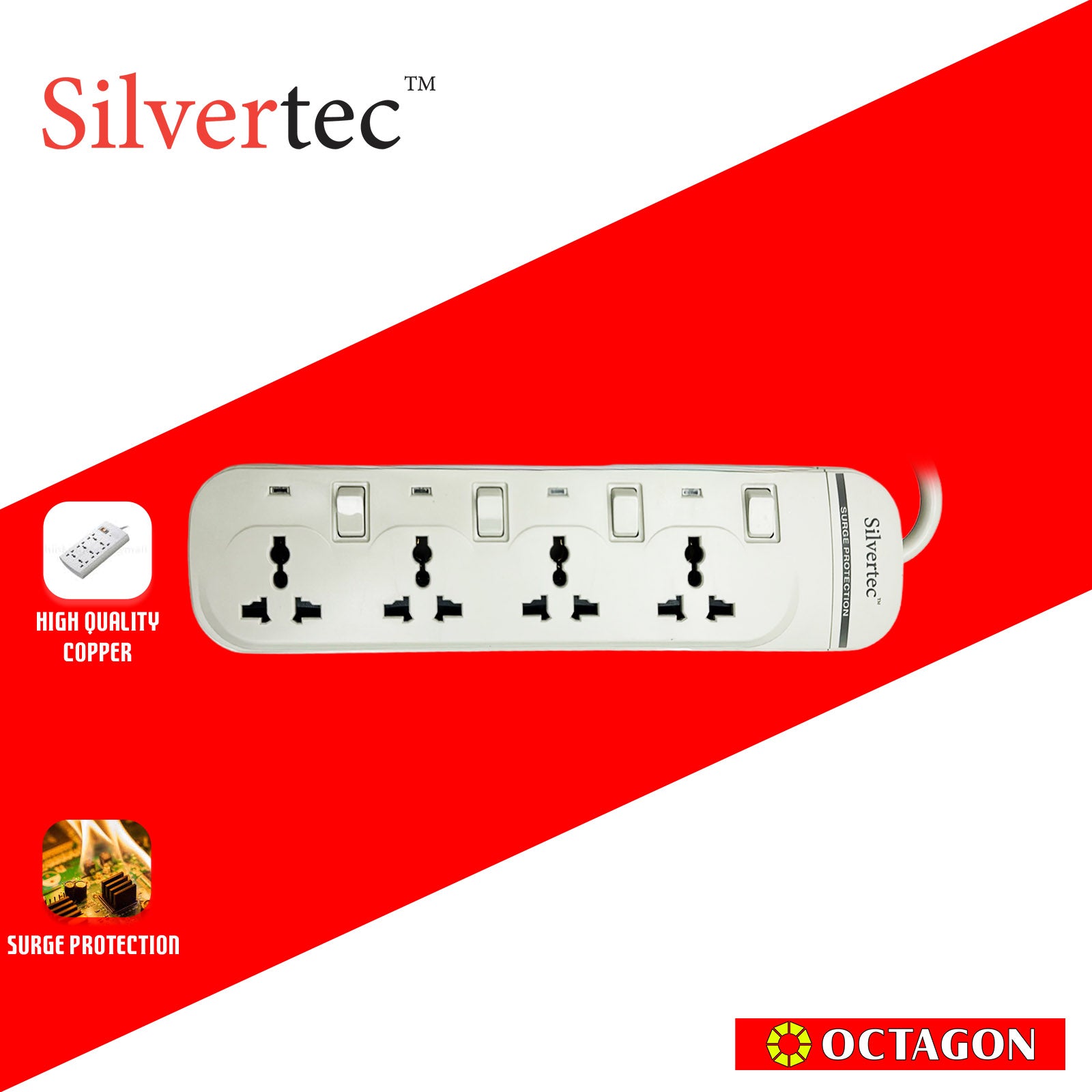 SILVERTEC NEW SV38-1.8M 4-OUTLET UNIVERSAL PLUG/ 4-SWITCH/ 1.8M/ 10A/ 2500W/ 250V IVORY POWER STRIP W/ SURGE PROTECTION