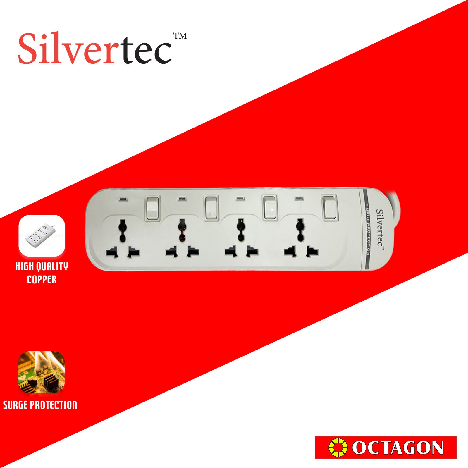 SILVERTEC NEW SV38-3M 4-OUTLET UNIVERSAL PLUG/ 4-SWITCH/ 3M/ 10A/ 2500W/ 250V IVORY POWER STRIP W/ SURGE PROTECTION