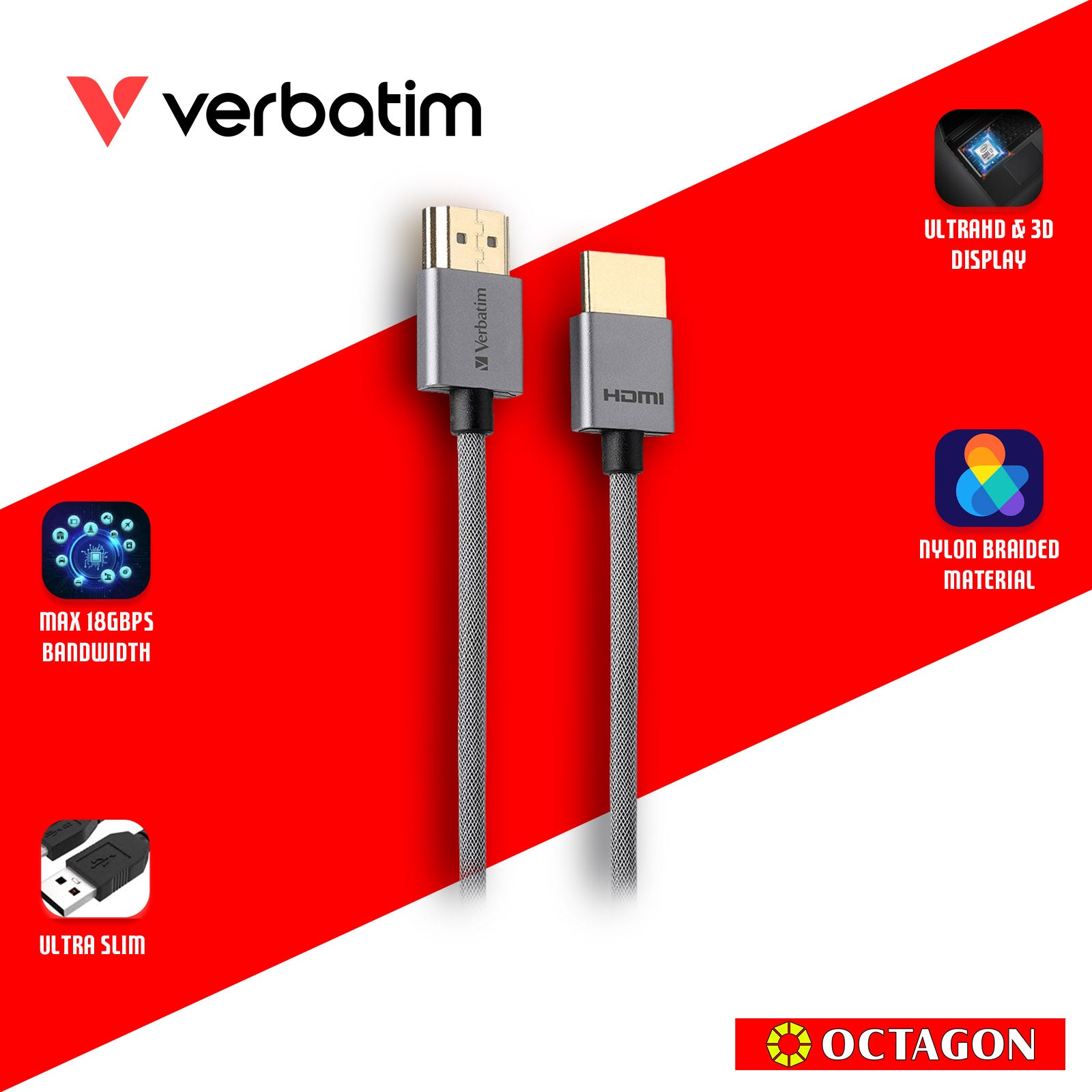 VERBATIM 65671 ULTRA SLIM 4K / 60HZ HDMI 2.0 CABLE WITH ETHERNET 180CM (GREY)