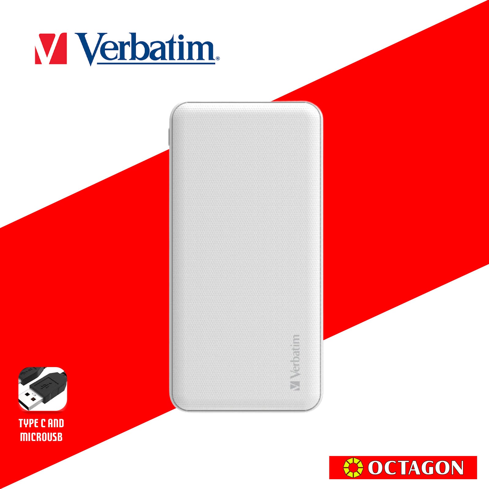 VERBATIM 66548 GRID PATTERN POWER BANK DUAL 10000 MAH INPUT/OUTPUT (TYPE-C AND MICRO USB POWER INPUT) WHITE