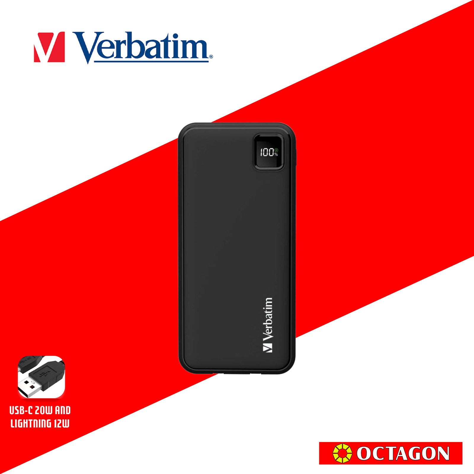 VERBATIM 66972 BLACK CHARGENGO 10K MAH 22.5W POWERBANK W/ BUILT-IN LIGHTNING & TYPE-C CABLE + DIGITAL DISPLAY PD20W / QC3.0 18W / SUPERCHARGE 22.5W