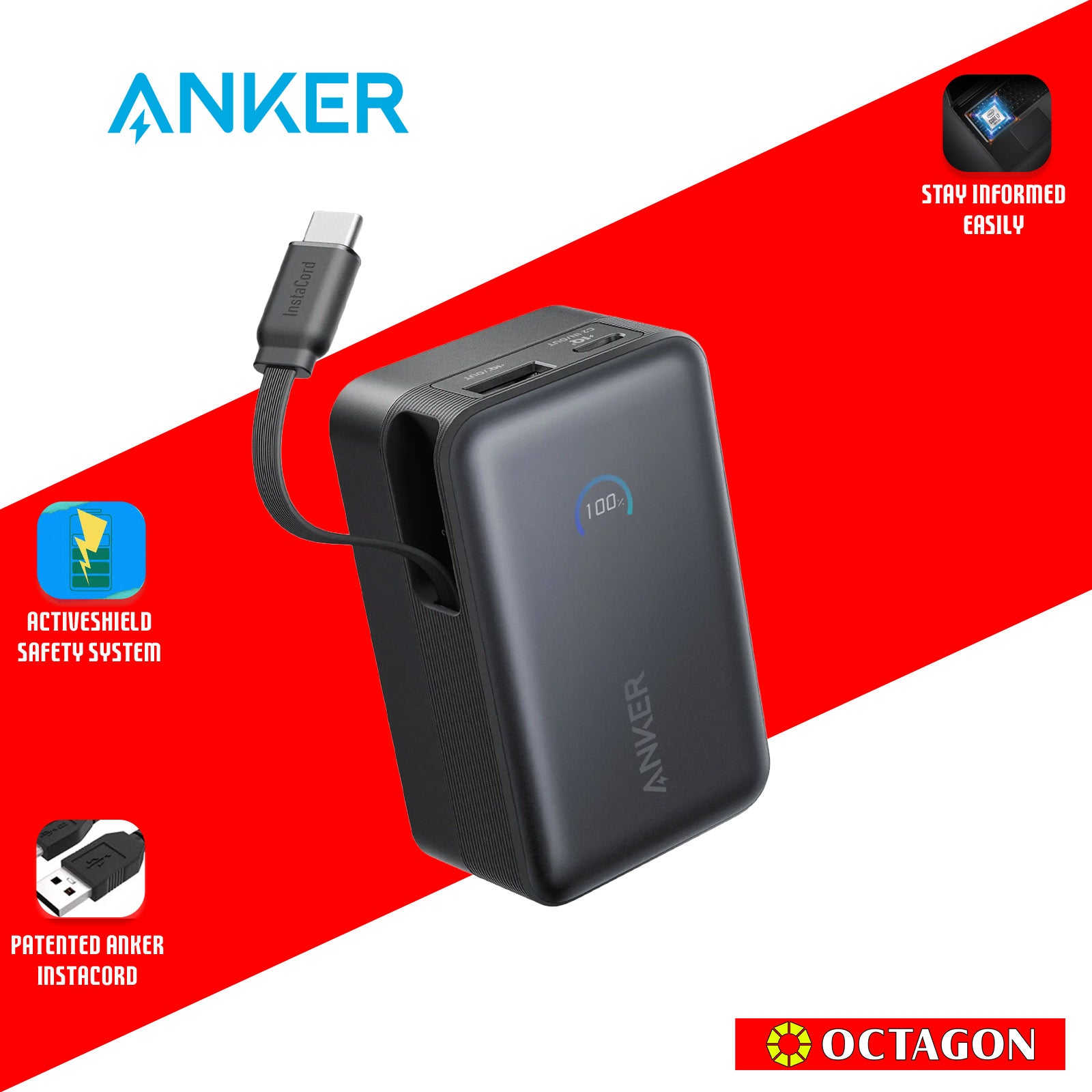 ANKER A1638H11 NANO BLACK POWERBANK 10000MAH 45W BUILT-IN RETRACTABLE USB-C CABLE