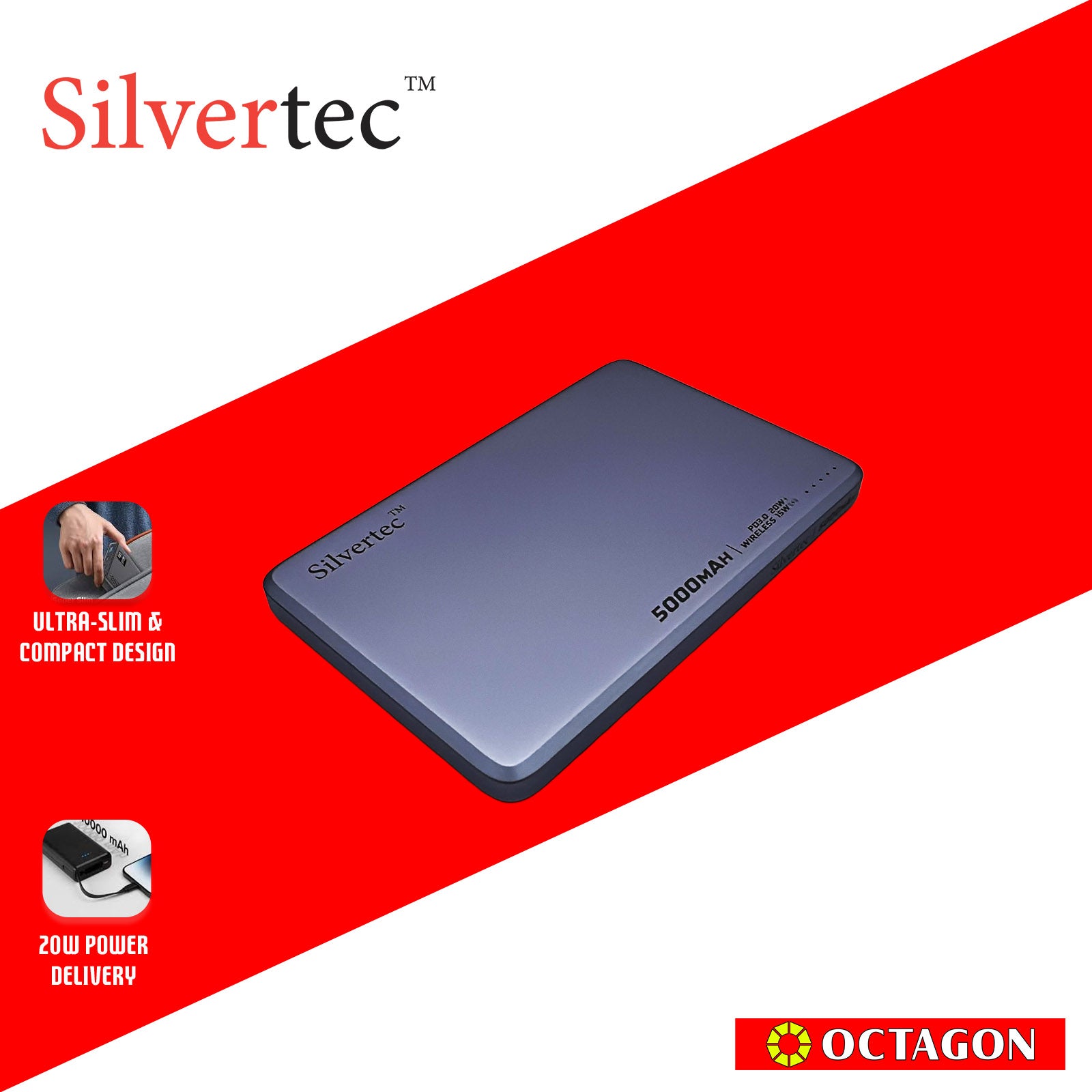 SILVERTEC SRT-MP50-PP ULTRA-SLIM MAGNETIC WIRELESS PD20W POWERBANK 5000MAH