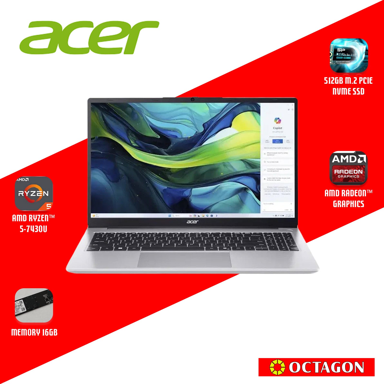 ACER ASPIRE LITE AL15-42P-R9Y9/ RYZEN 5 7430U/ 16GB/ 512GB SSD/ 15.6" IPS FHD/ WIN 11/ OFFICE HOME 2024 + OFFICE 365 1YR/ SILVER