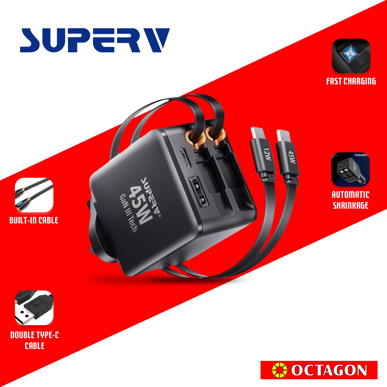 SUPERV G46 4IN1 BLACK 45W TRAVEL CHARGER WITH 2X RETRACTABLE CABLES (1 LIGHTNING + 1 TYPEC)