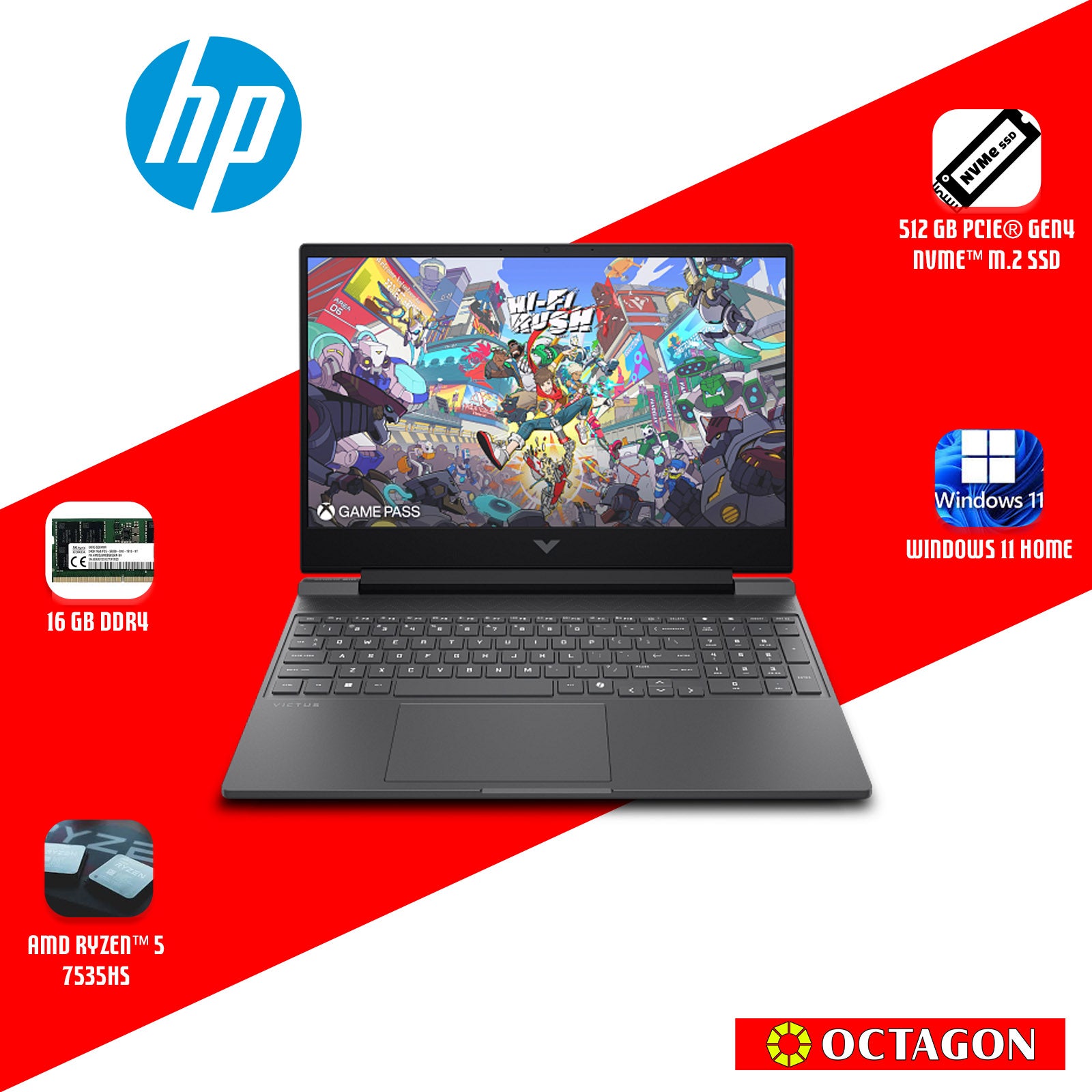 HP VICTUS 15-FB3223AX/ RYZEN 5-7535HS/ 16GB DDR4/ 512GB SSD/ 15.6 FHD IPS 144HZ/ WIN 11/ RTX3050 6GB/ OFFICE H&S 2024 + M365 BASIC/ SLV