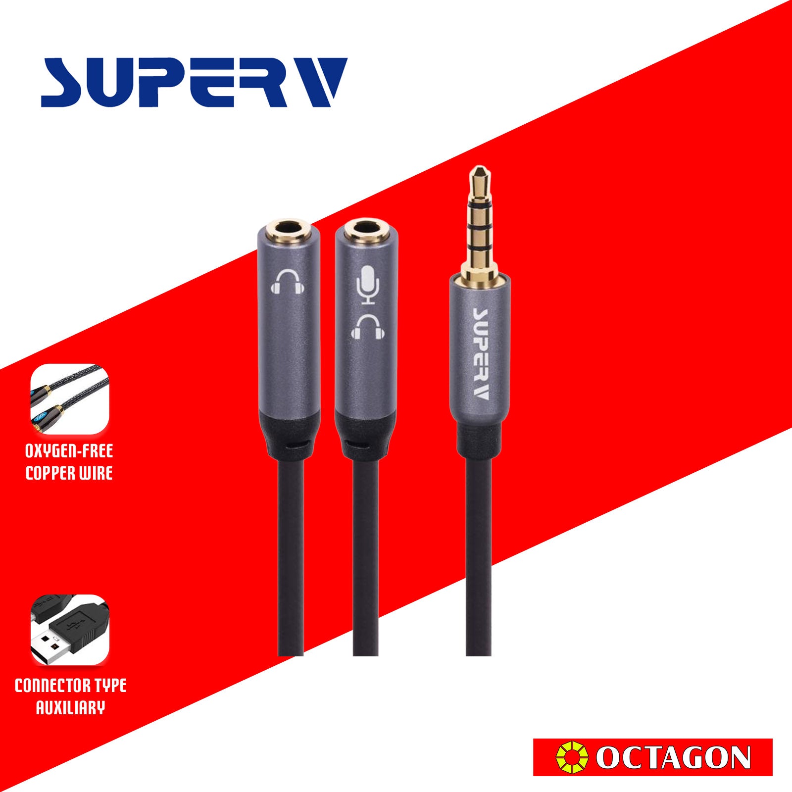 SUPERV AY30 3.5MM TRRS HEADPHONE Y 2 FEMALE / 1MALE SPLITTER CABLE