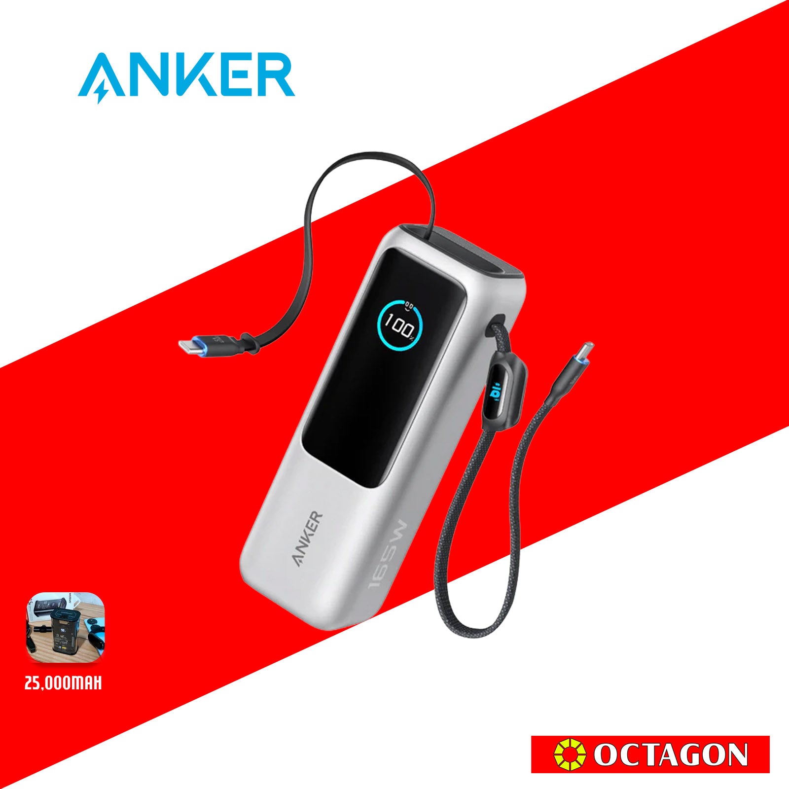 ANKER ZOLO A1695H41 SILVER 25K POWERBANK 165W BUILT-IN USB-C CABLE